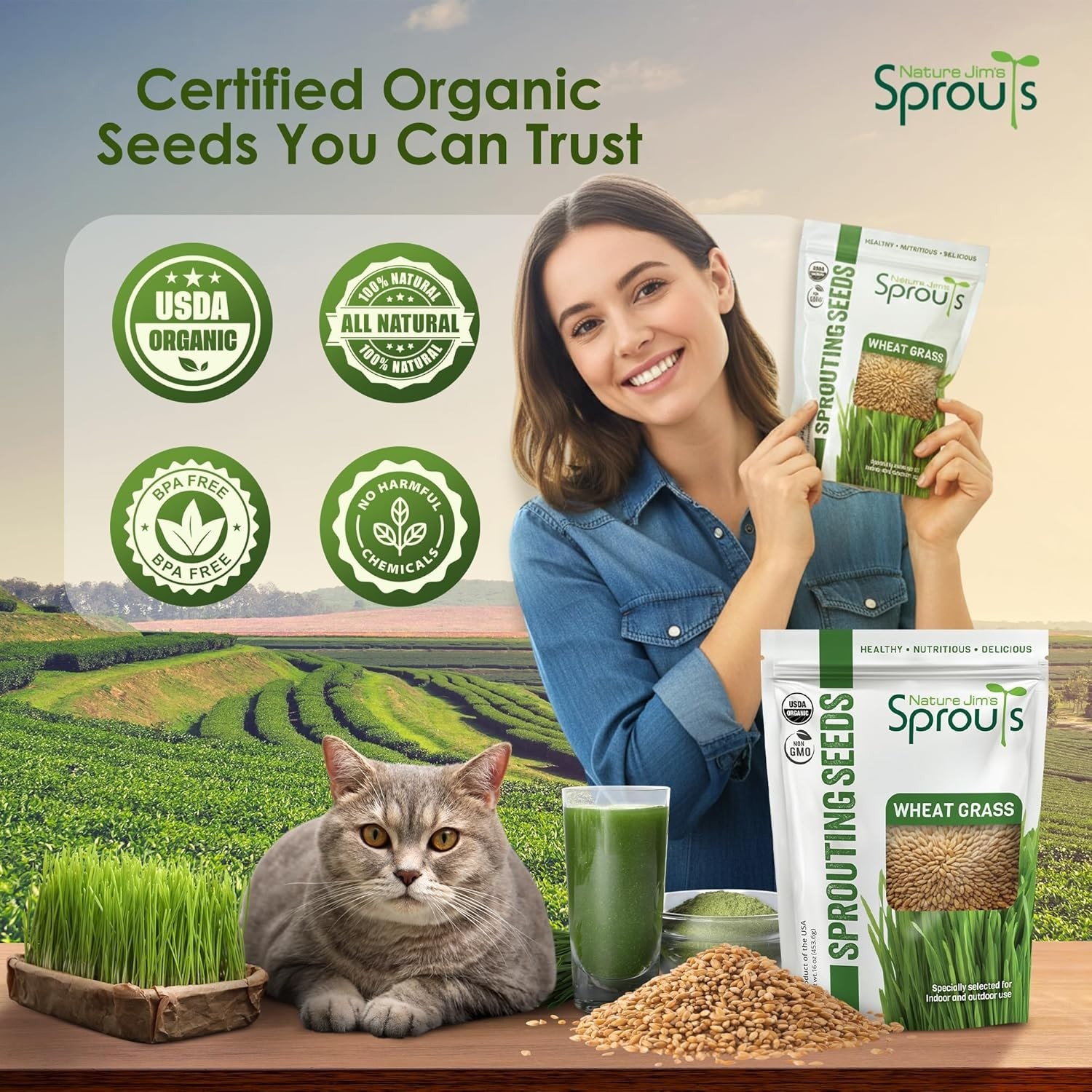 Organic Wheat Grass Seeds for Cats & Smoothies – 16oz Resealable Pack