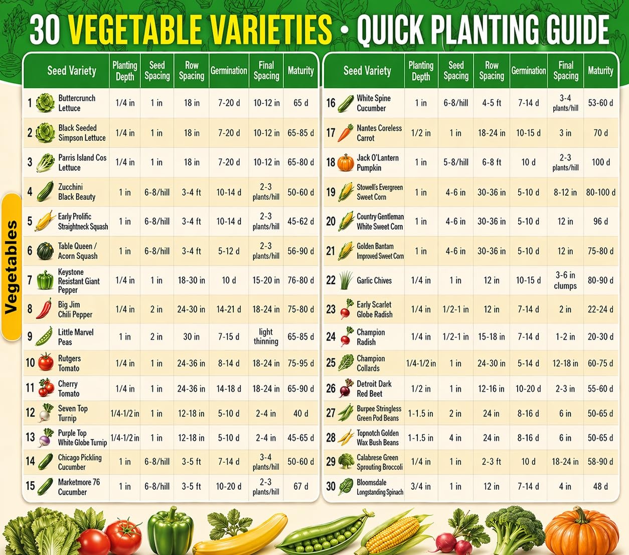 30 Packs of Deluxe Valley Greene Heirloom Vegetable Garden Seeds Non-GMO(Guar…