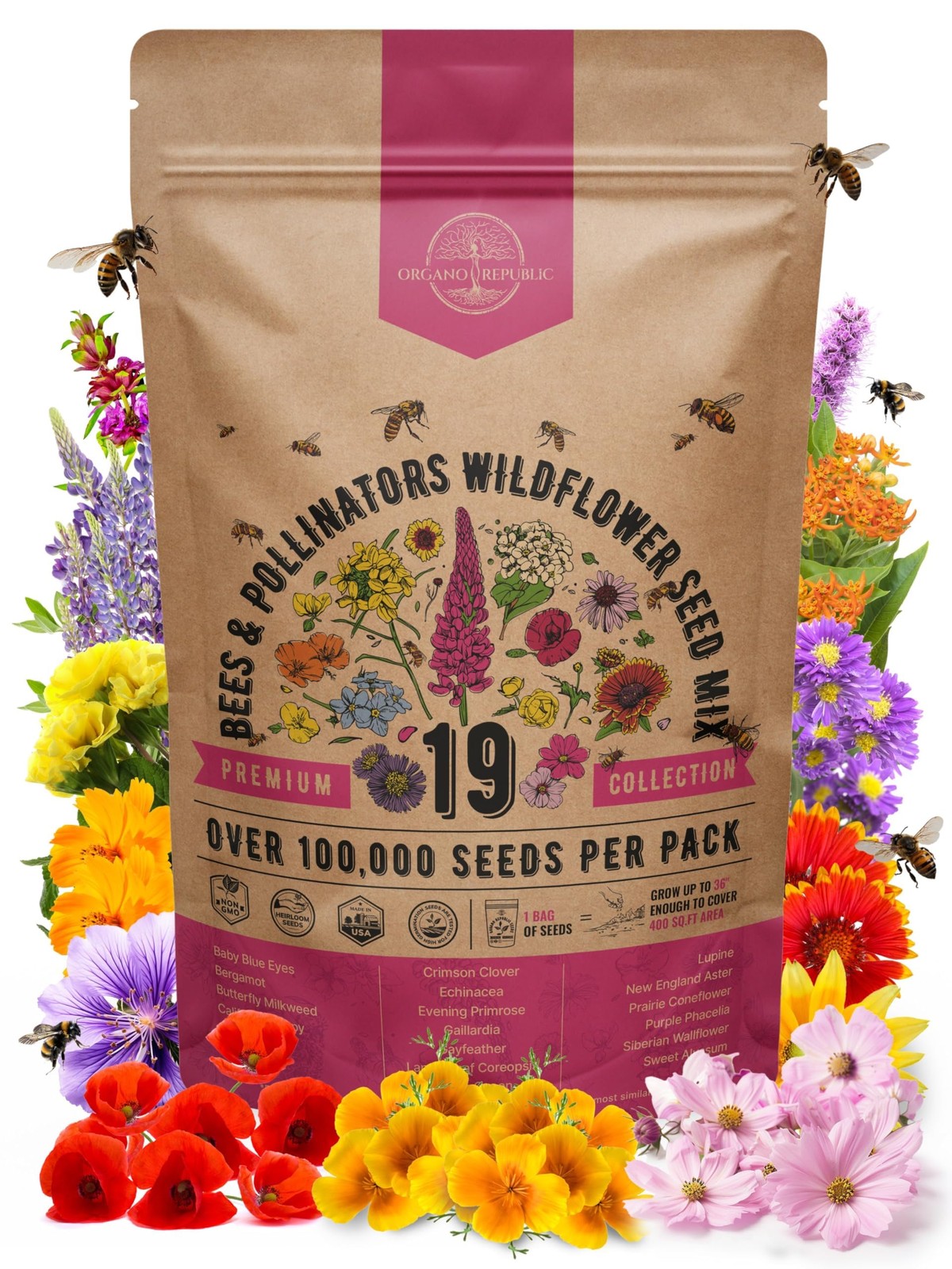 19 Annual & Perennial Wildflower Seeds Mix, 100,000+ Non-GMO, 4oz Packet