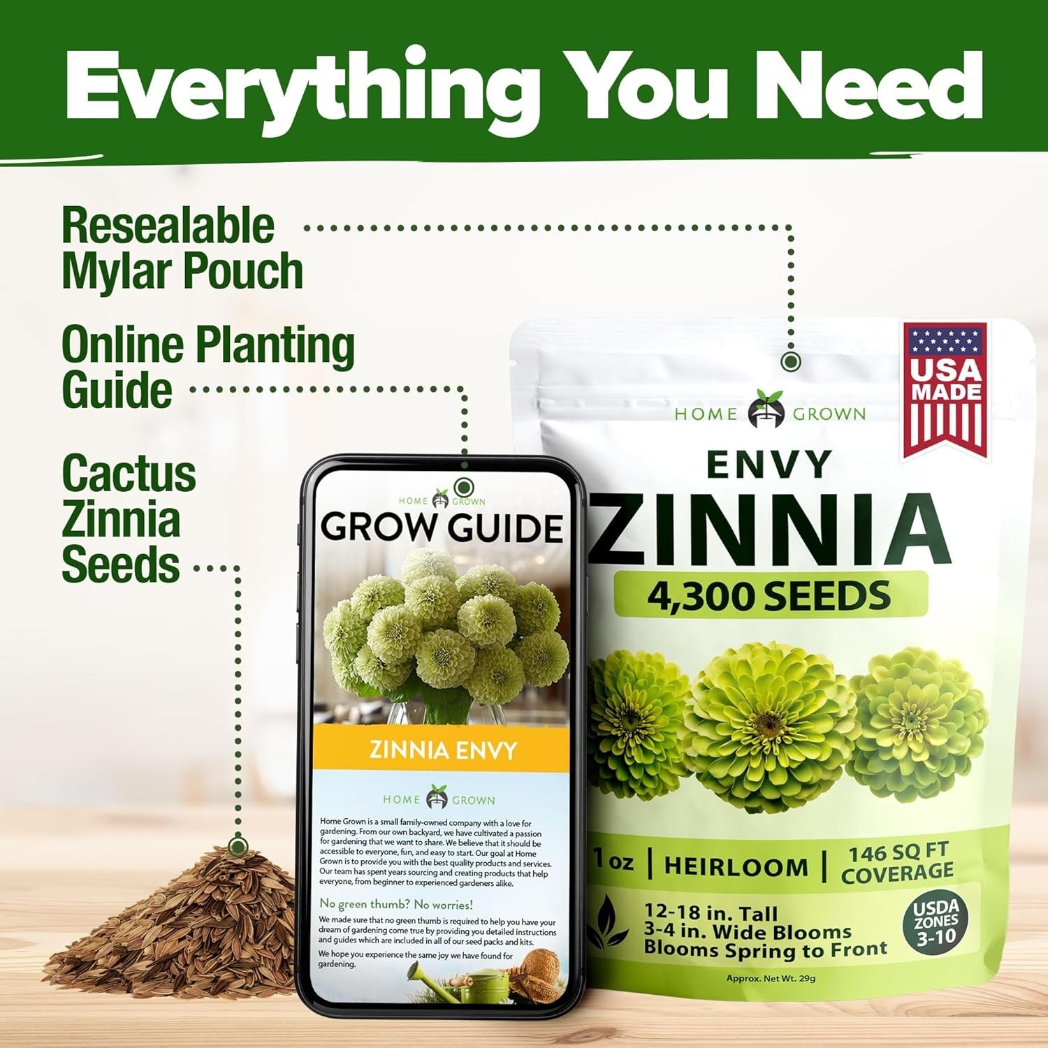 Heirloom Zinnia Seeds – 4300 Non-GMO Lime Green Flowers for Spectacular Gardens