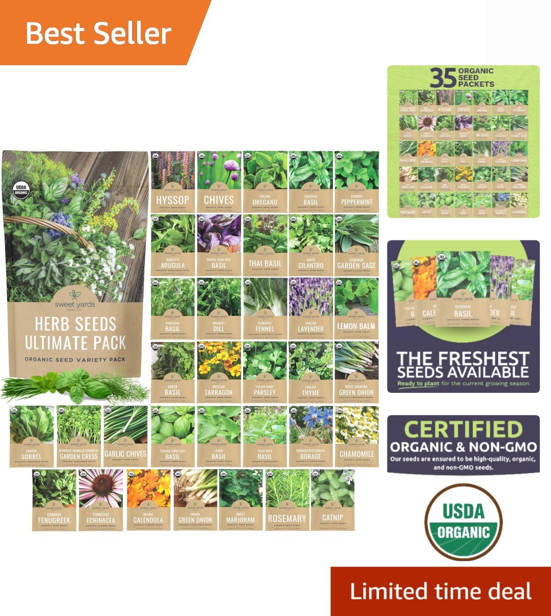Organic Herb Seeds Variety Pack – 35 Individual Packs – 2026 Season – Basil, …