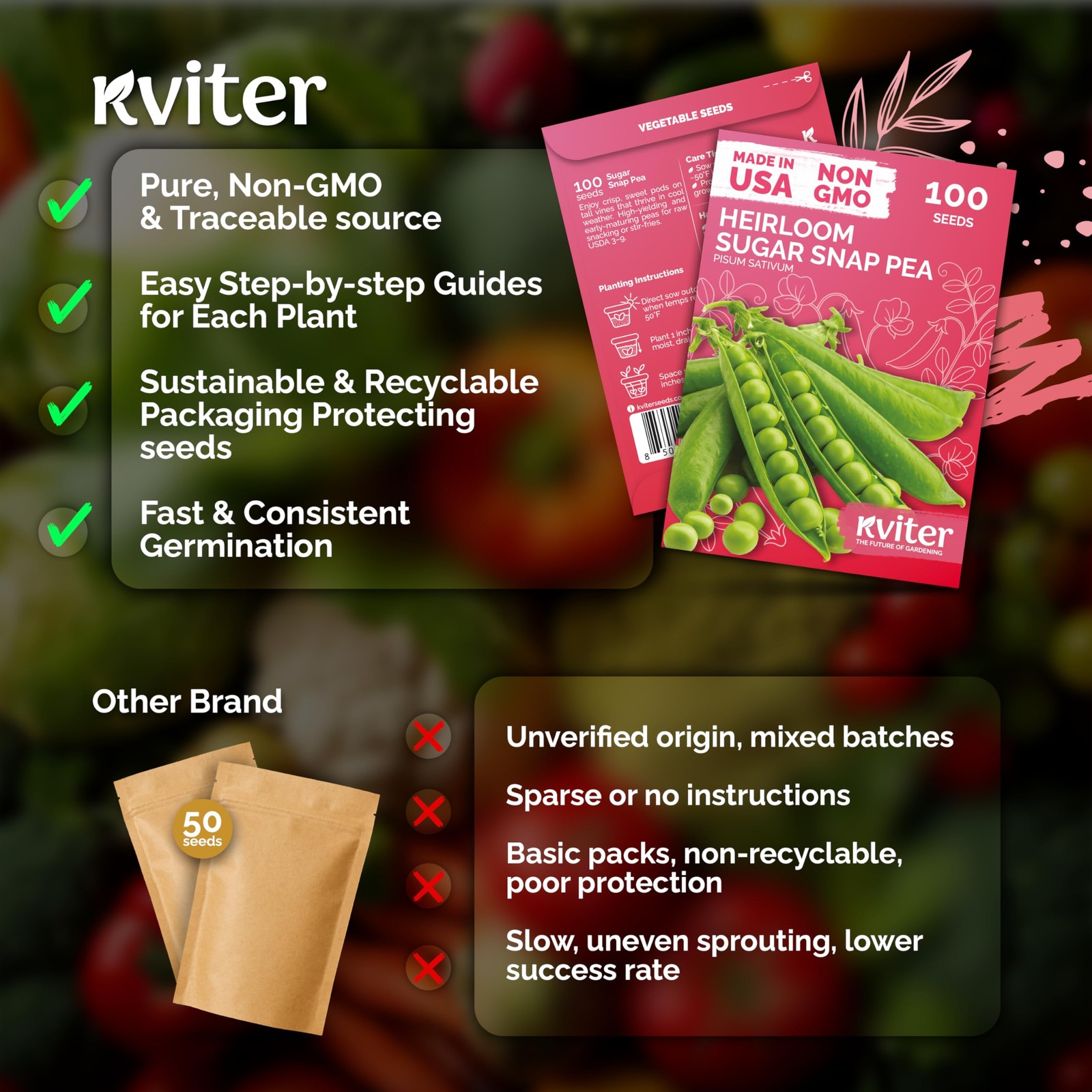 KVITER 100 Sugar Snap Peas Seeds (Pisum sativum)