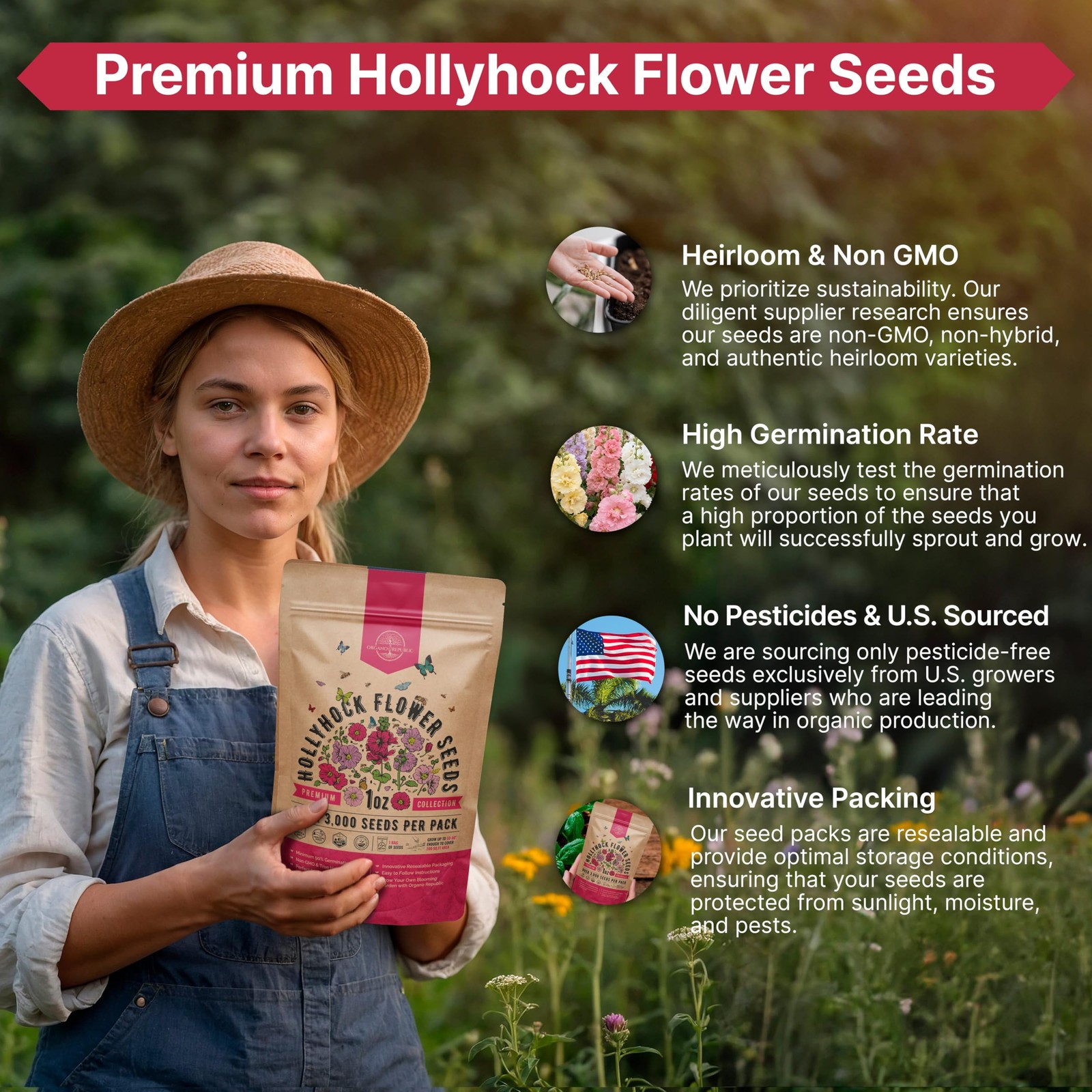 Hollyhock Flower Seeds Pack 1 oz – Over 3,000 Non-GMO Heirloom Hollyhock Seed…