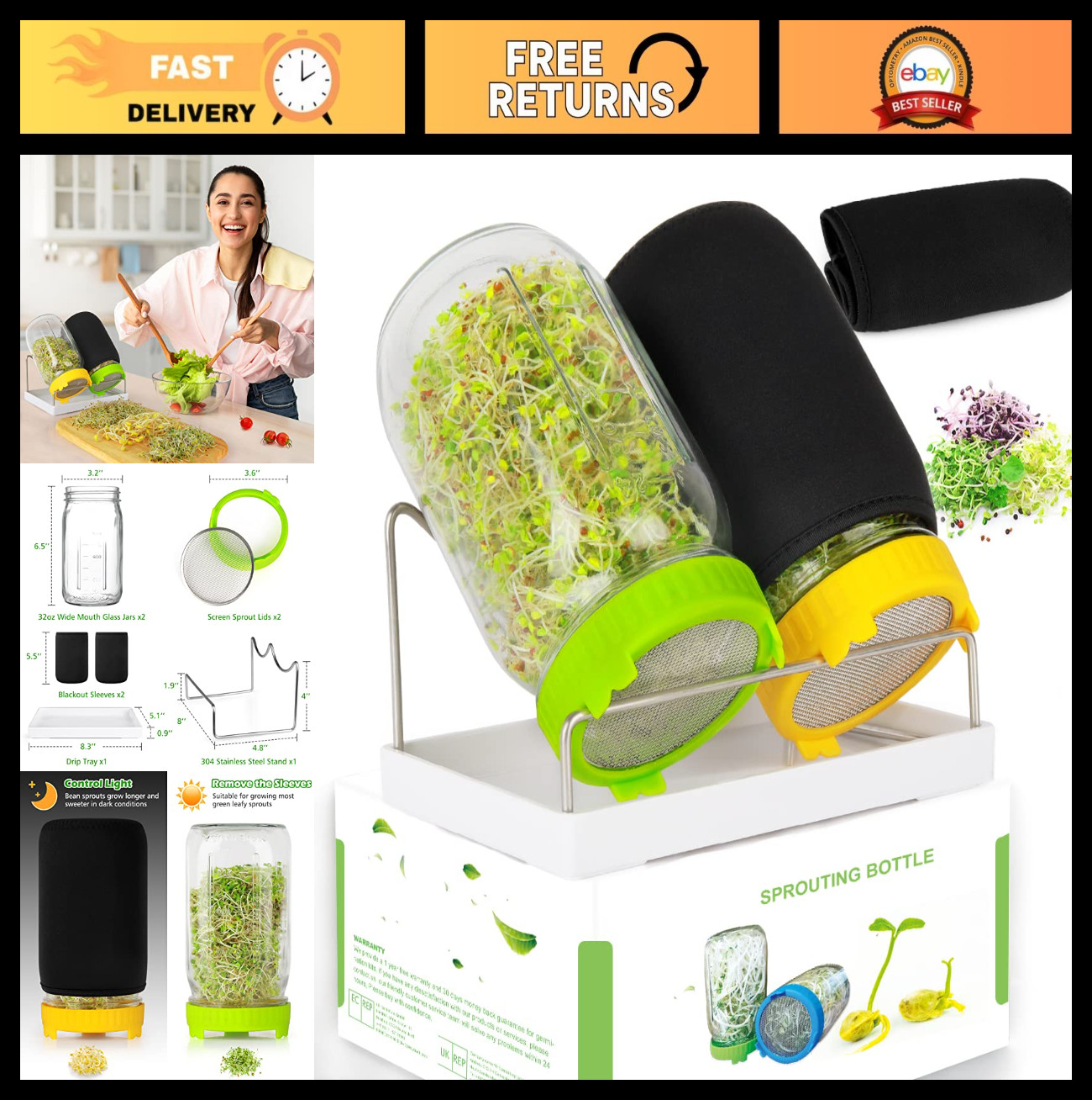 Sprout Growing Kit – 2 Wide Mouth Mason Jars, Sprout Lids, Drain Tray & Stand
