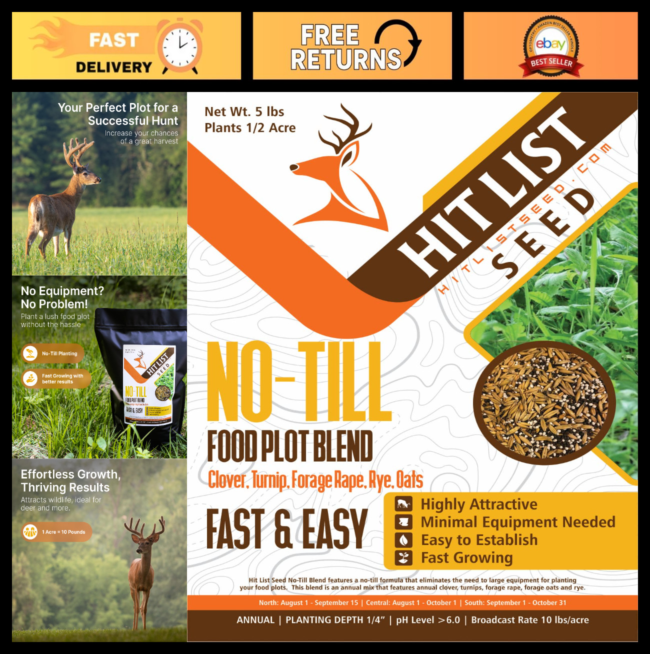 Annual No-Till Food Plot Seeds for Deer – Clover, Rye, Turnip, Brassica Mix – 5