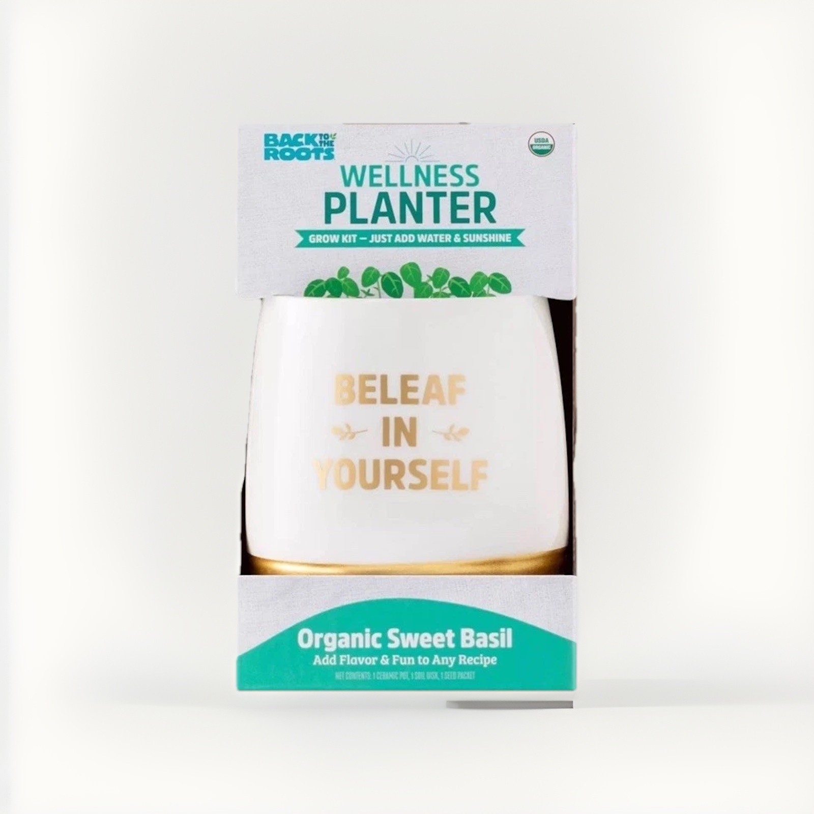 New Back to the Roots Organic: Sweet Basil Grow Kit, Heirloom Seeds &Ceramic Pot