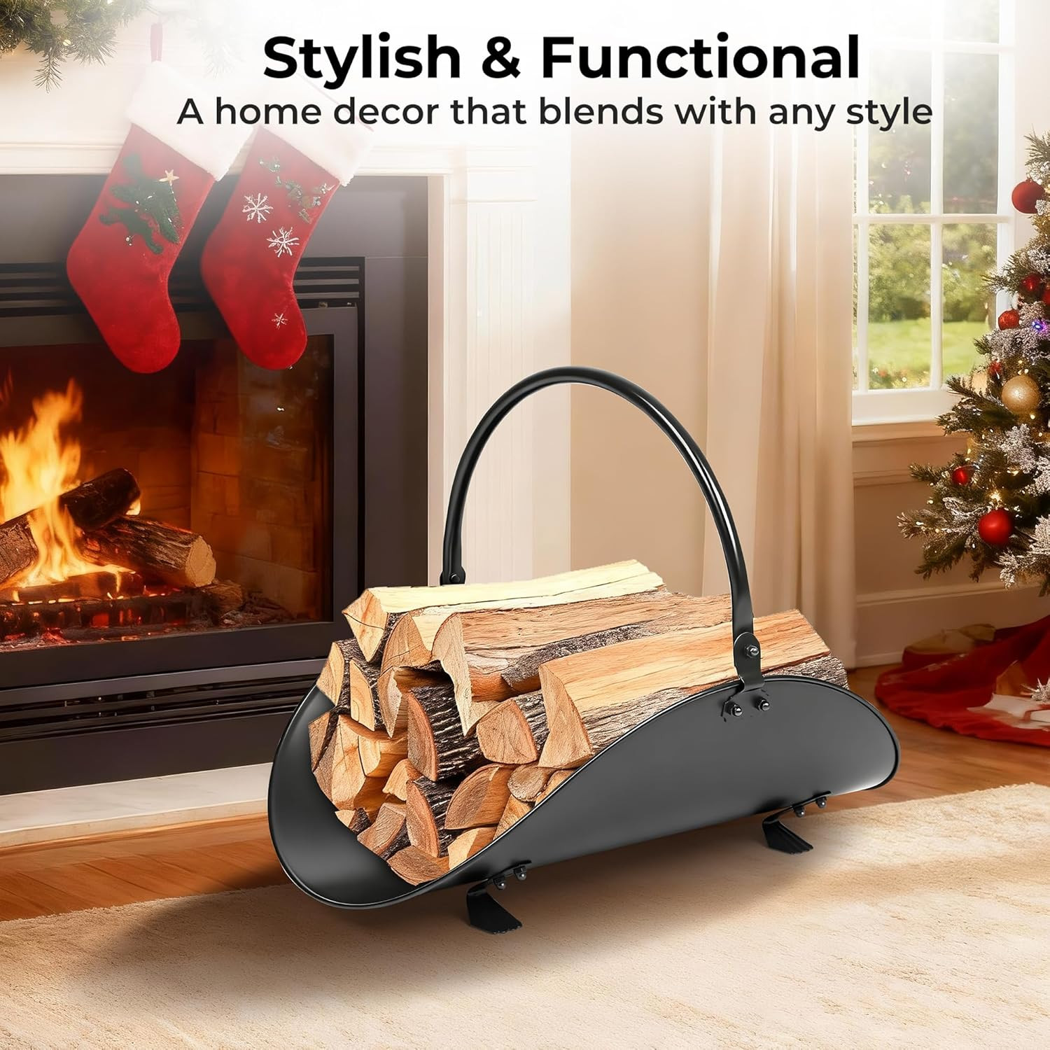 AMAGABELI GARDEN & HOME Fireplace Log Holder Indoor Firewood Basket Holder Carri