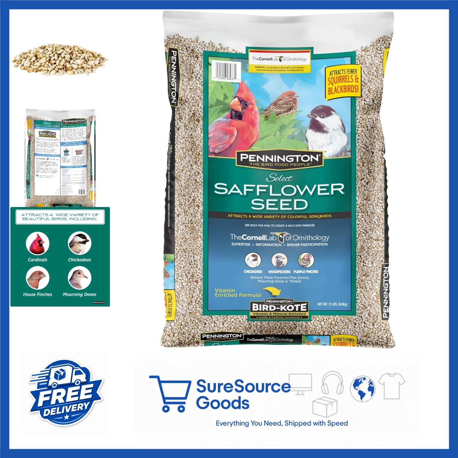 Safflower Seed 15 lb Bag, Enriched with Vitamins for Bird Health and Feeding