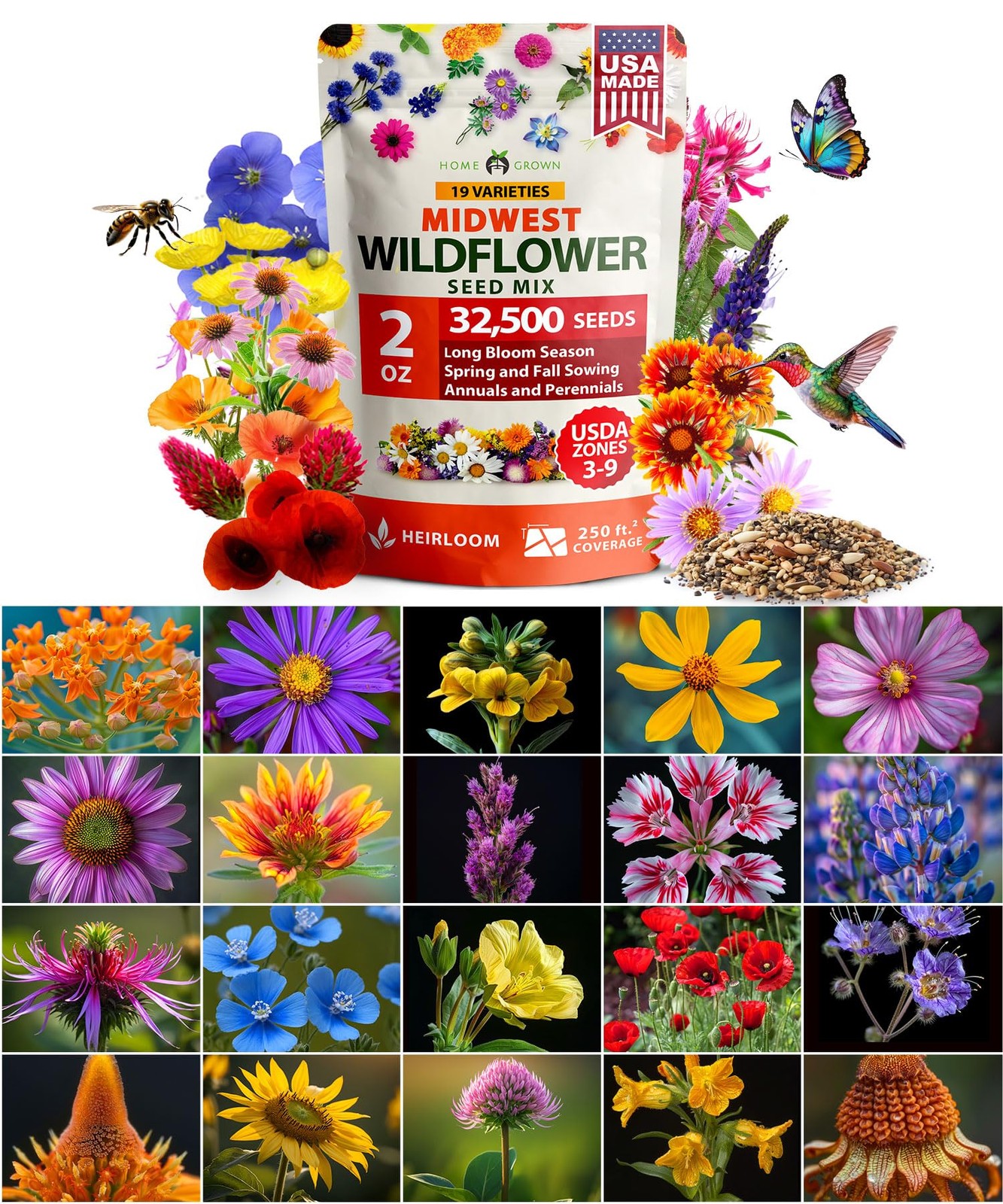 Midwest Wildflower Seeds 2oz 15 Varieties Annual Perennial Open Pollinated
