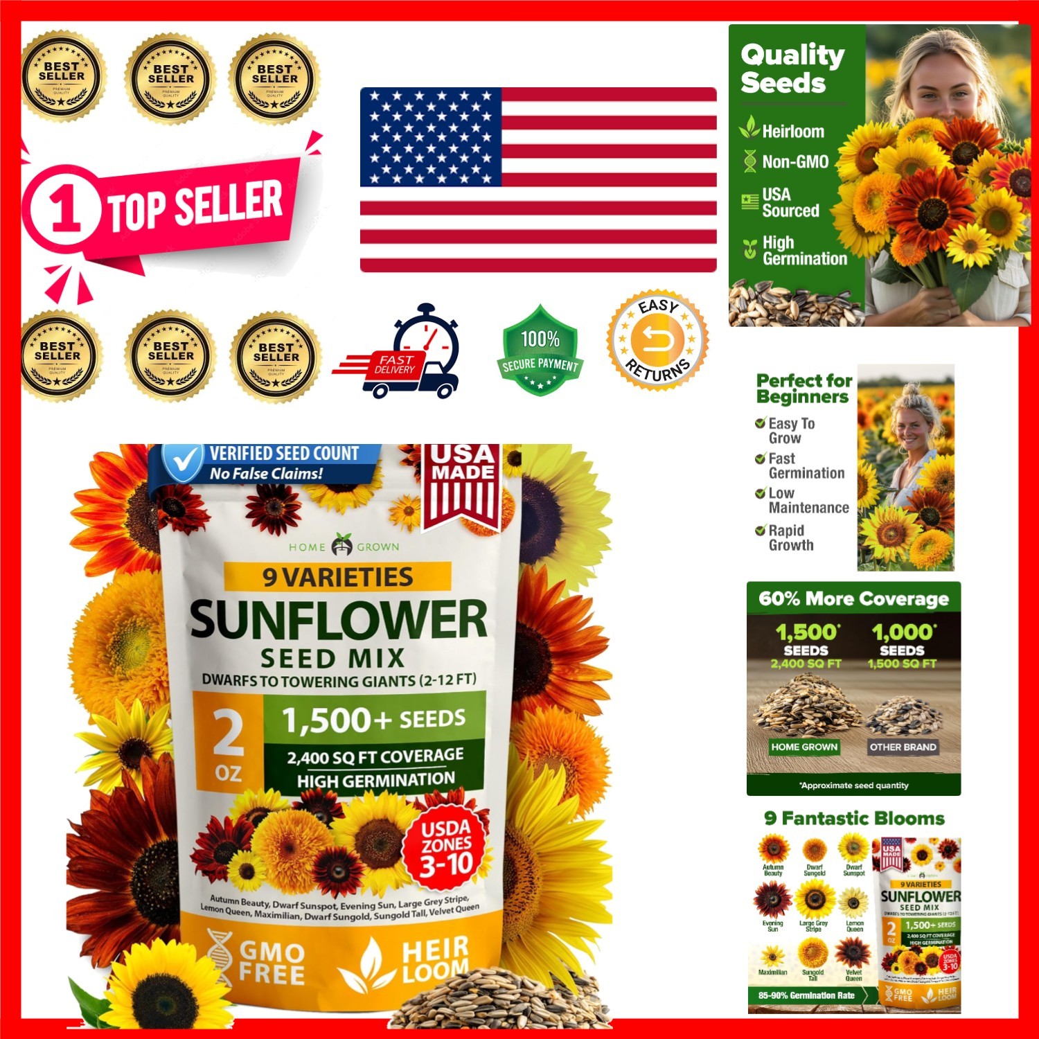 Perfect Garden Gift – 1,500+ Sunflower Seeds, Attracts Pollinators, Easy to Grow