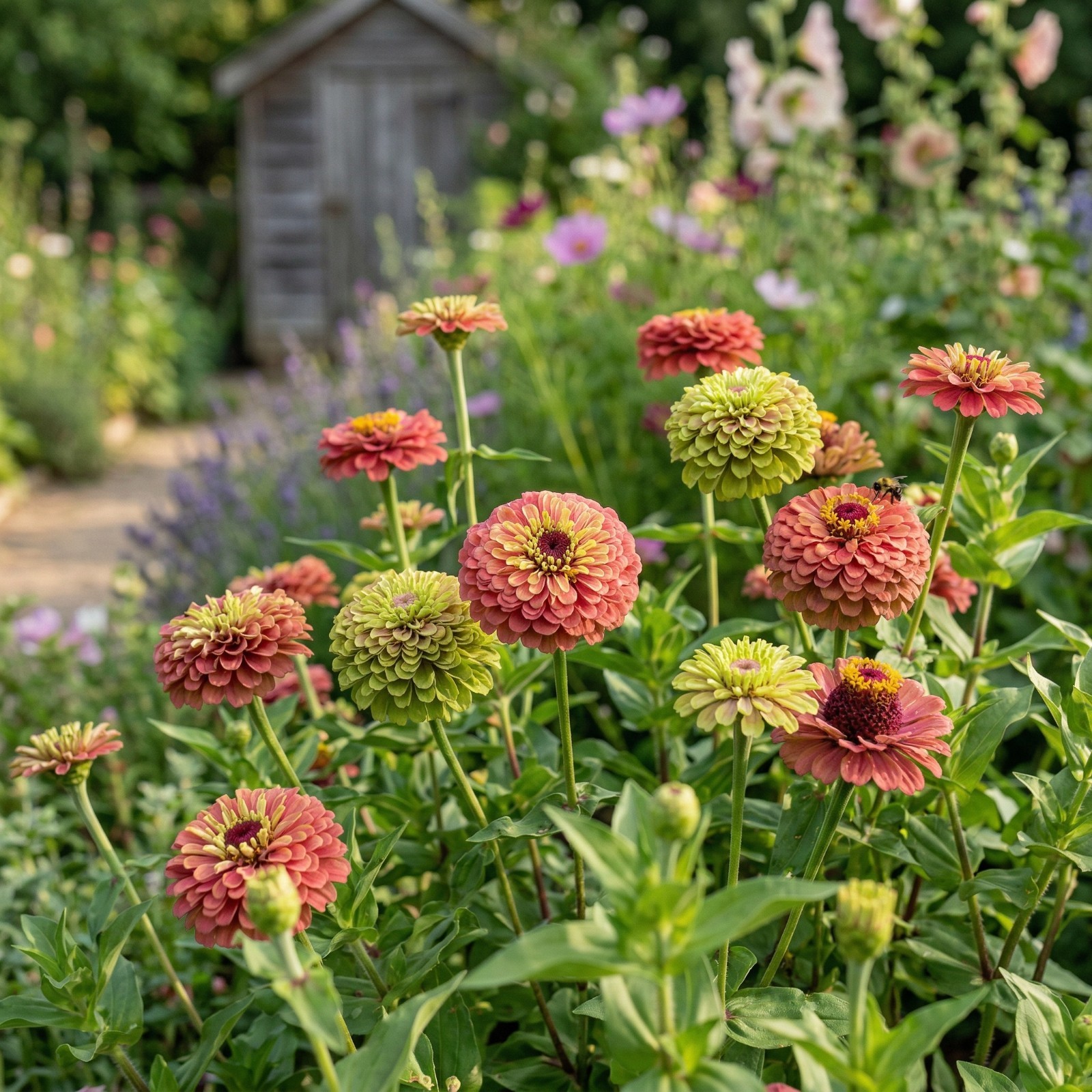 Zinnia QUEENY RED LIME CutFlower Garden Elegant Blooms Bouquet Heirloom 25 Seeds