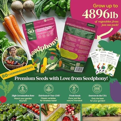 50 Gourmet Vegetable Seeds Variety Pack – Non-GMO Heirloom Seeds for Indoor/Outd