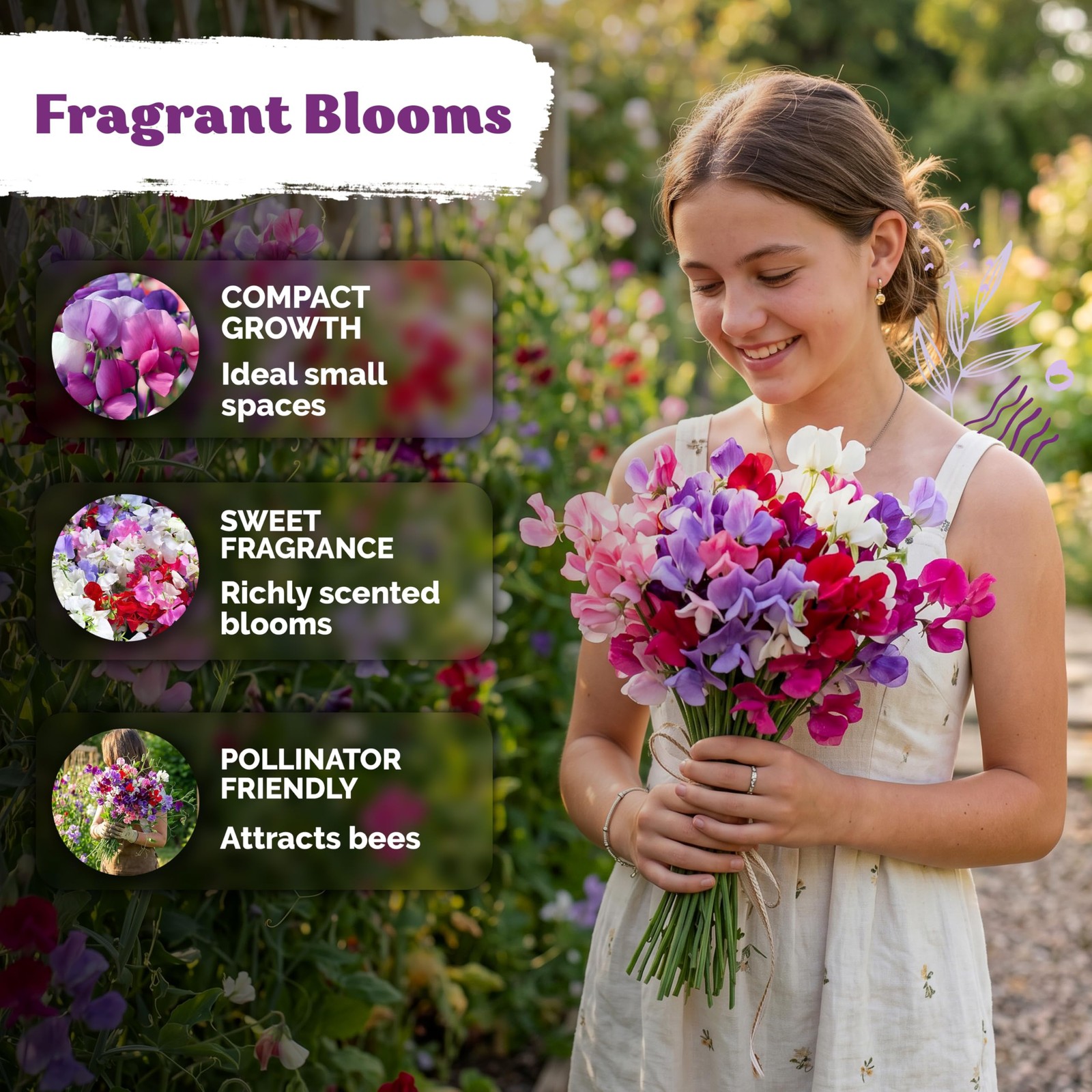 KVITER 50 Knee High Sweet Pea Seeds (Lathyrus Odoratus)
