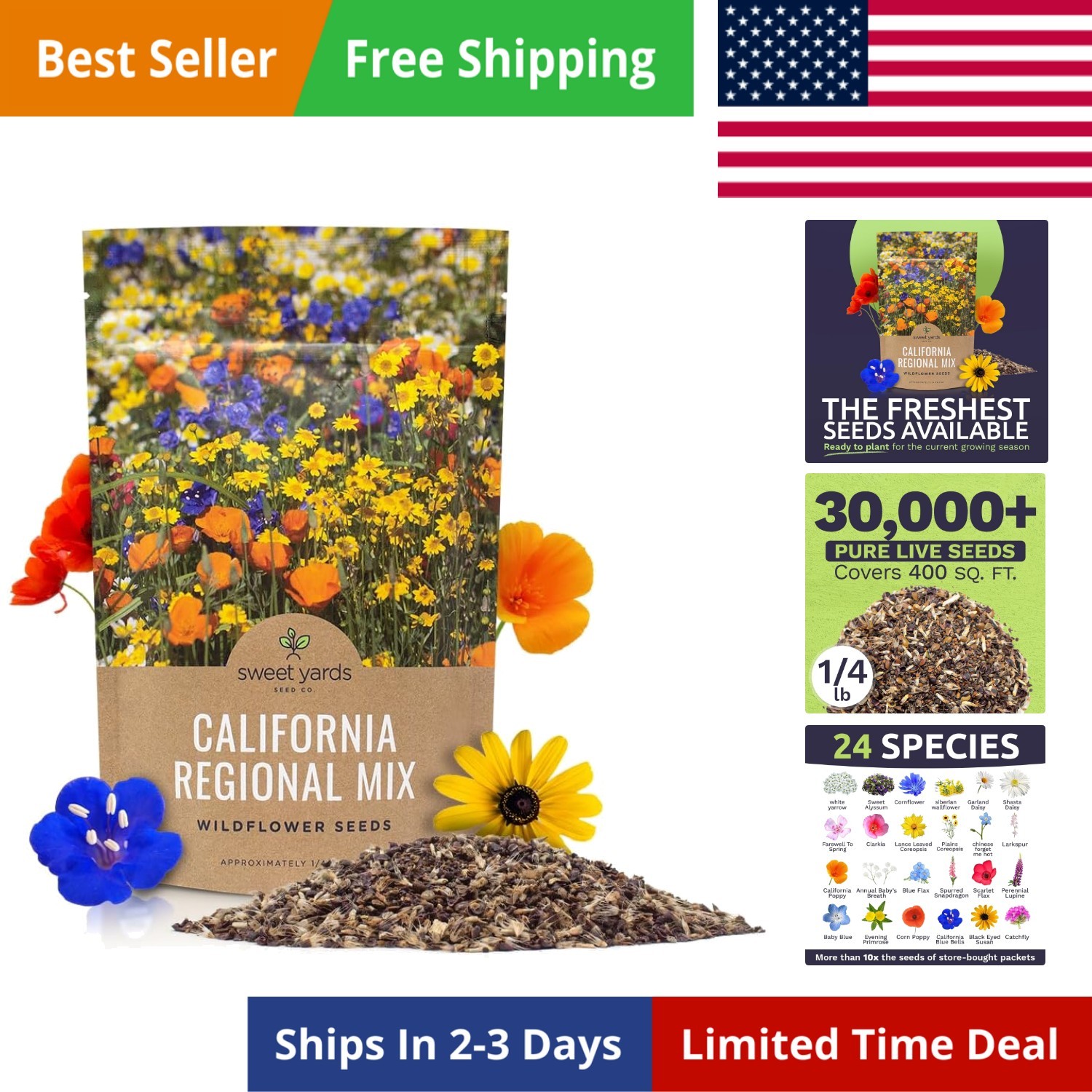 California Wildflower Mixture – Bulk 1/4 Pound Bag – Over 30,000 Native Seeds…