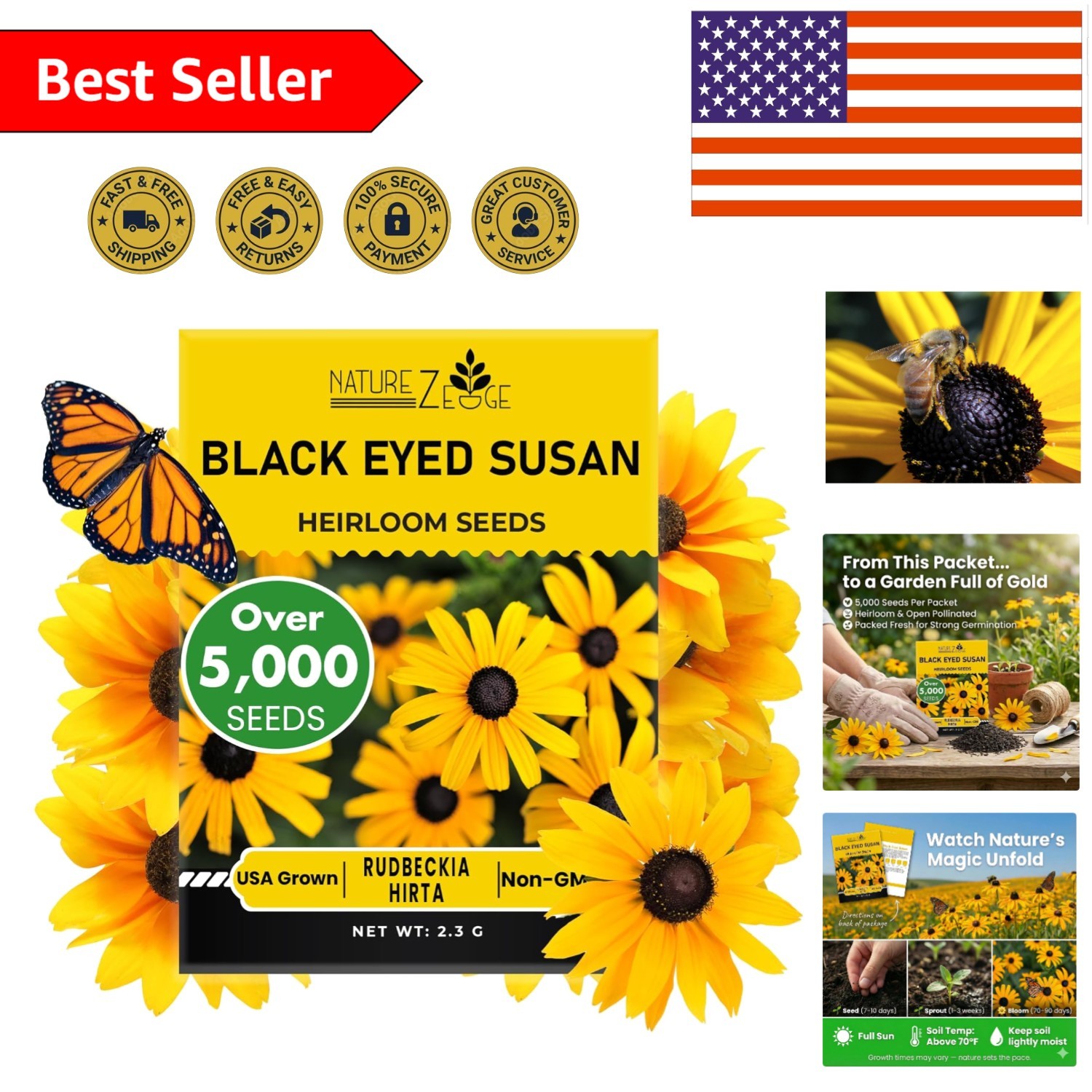 5000 Black Eyed Susan Seeds – Non-GMO, Vibrant Flowers for Your Garden