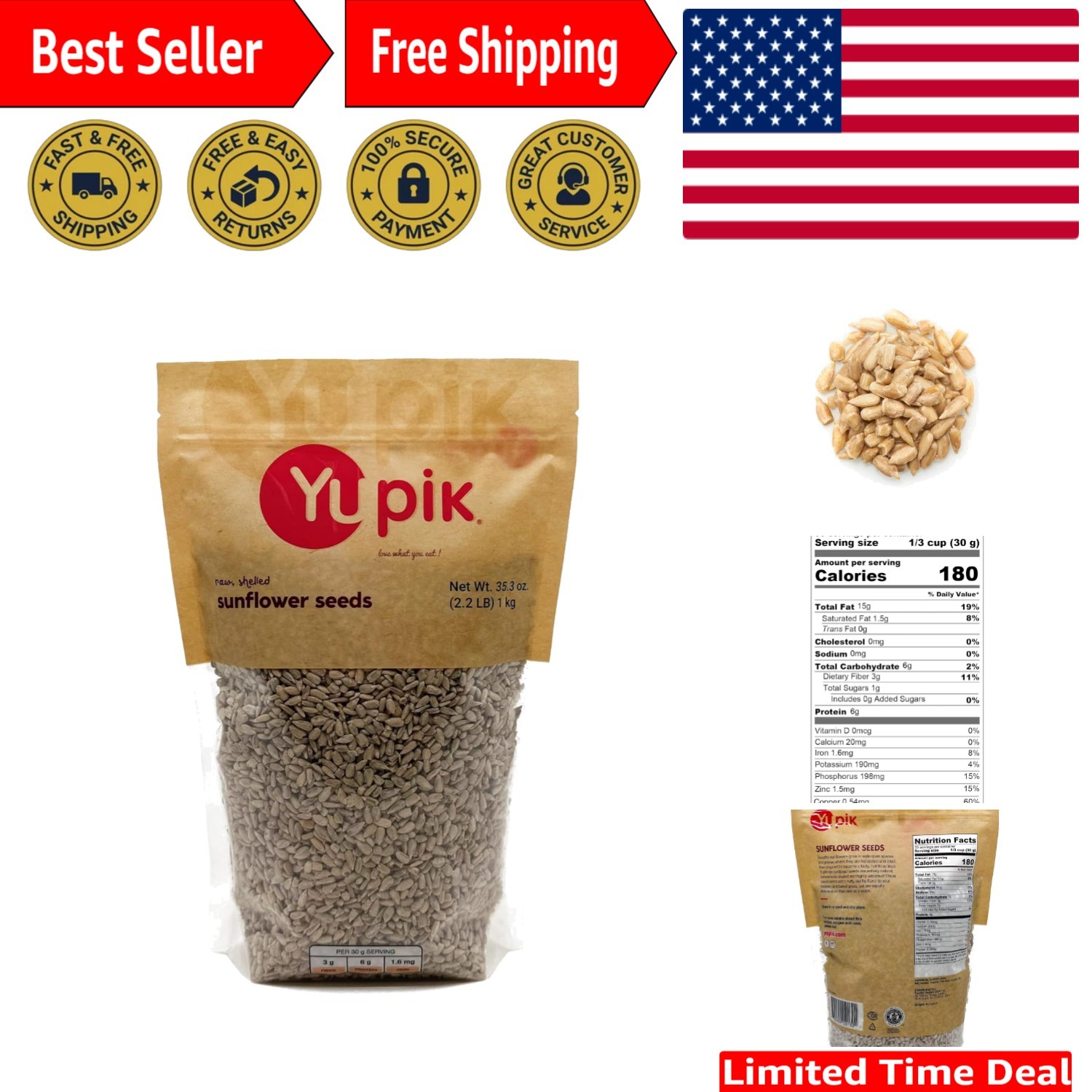 2.2 lb Kosher Raw Sunflower Kernels – Unsalted, High Fiber, Nutritious Snack