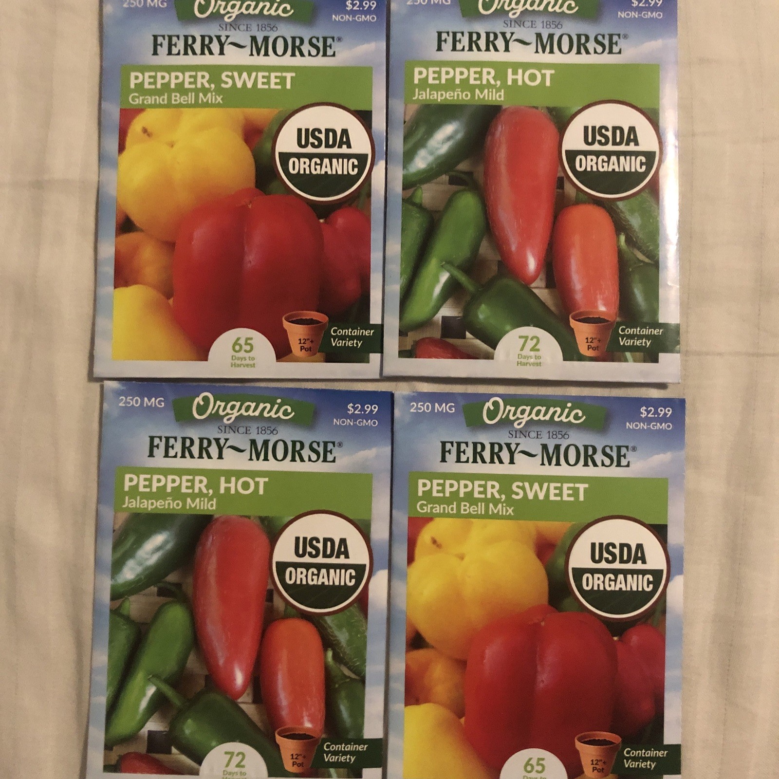 4 packs Pepper Seeds FERRY-MORSE Garden Starters – 2 Hot Jalapeño, 2 Sweet Bell