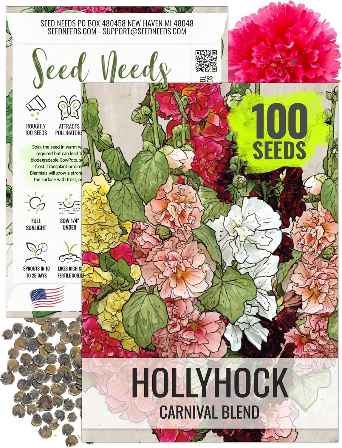 Mixed Carnival Hollyhock Seeds – Heirloom Seeds for Planting Alcea rosea – Bi…