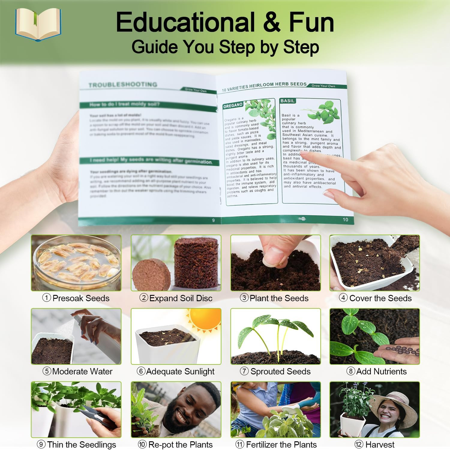 Indoor Herb Garden Kit – 10 Non-GMO Herb Seeds with Soil, Pots & Moisture Meter