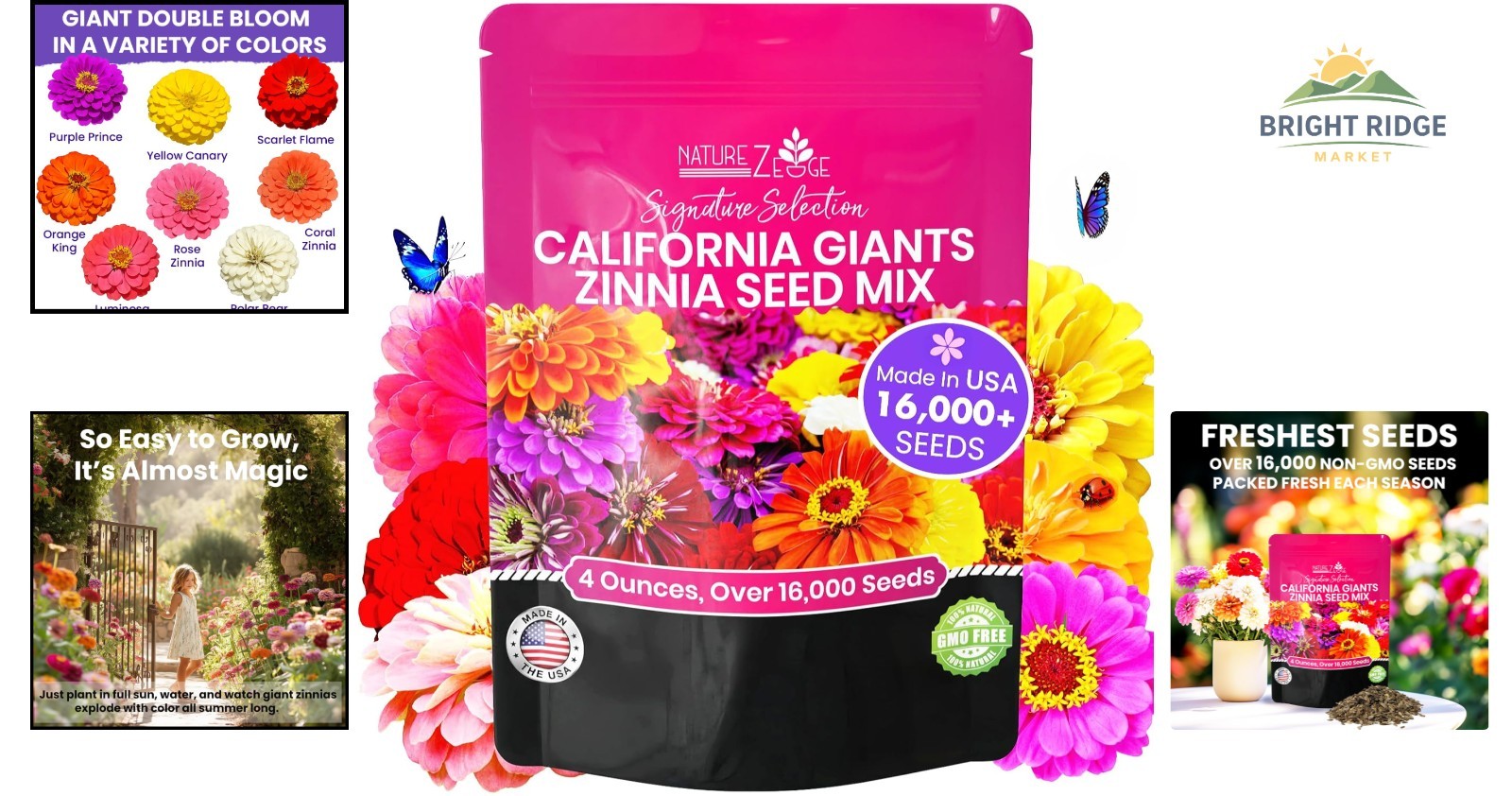 Easy to Grow Zinnia Seeds for Outdoor Gardens, 1/4 lb California Giants Mix