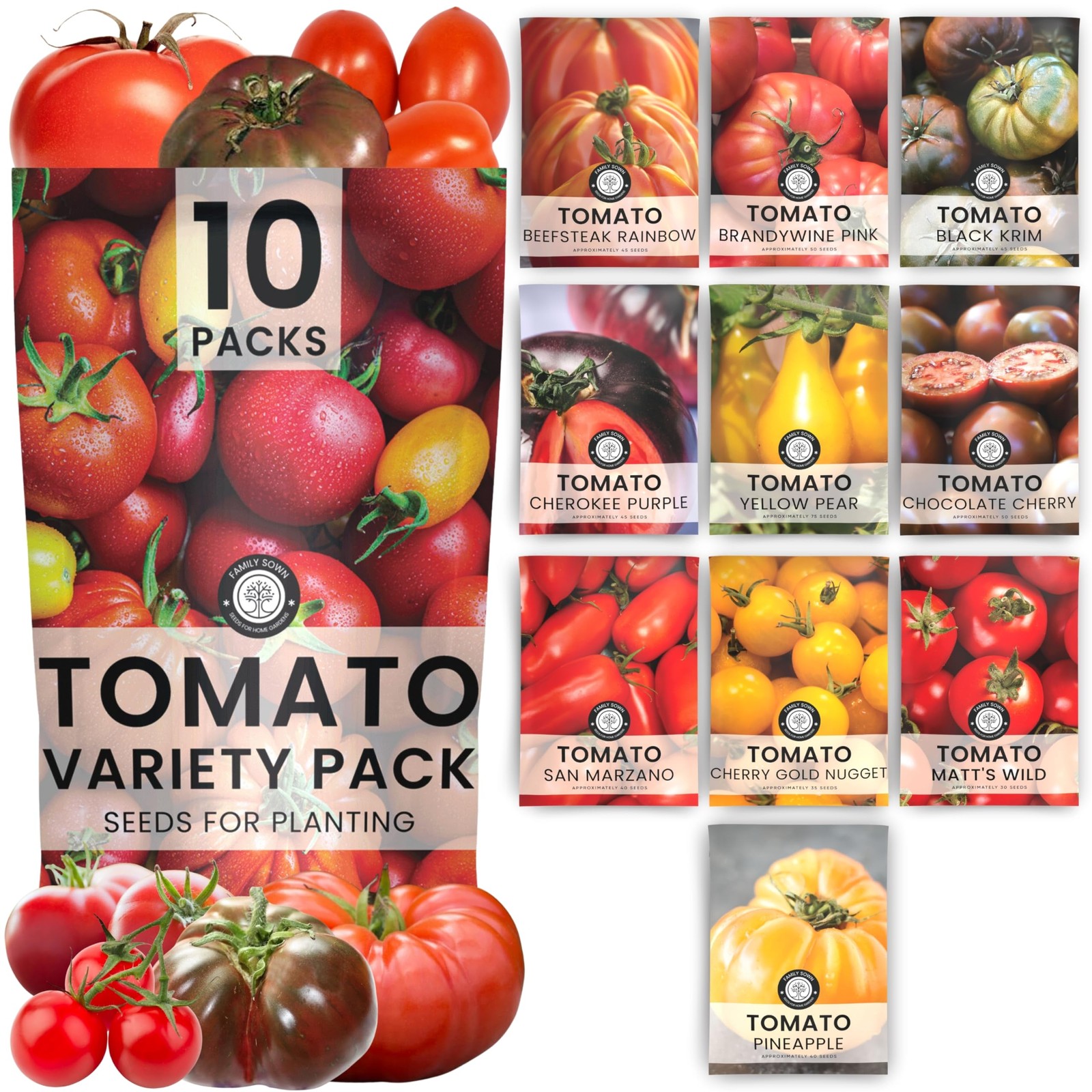 Tomato Seeds | 10 Individual Packs | 2026 Season | NonGMO | Roma, Brandywine,…