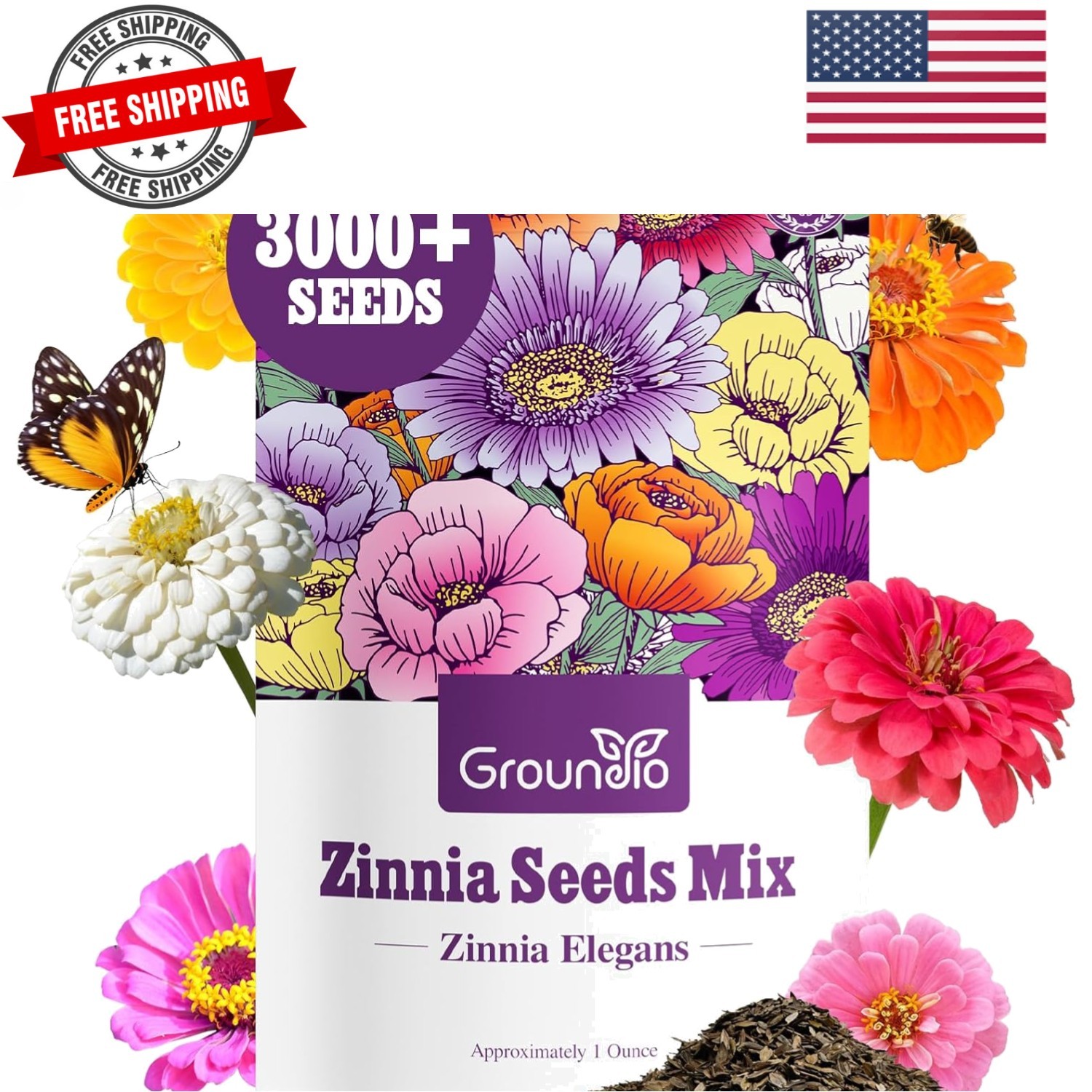 Zinnia Seeds Mix, 1 Oz, Over 3,000 Flowers Seeds, 5 Varieties Pink, Yellow, O…