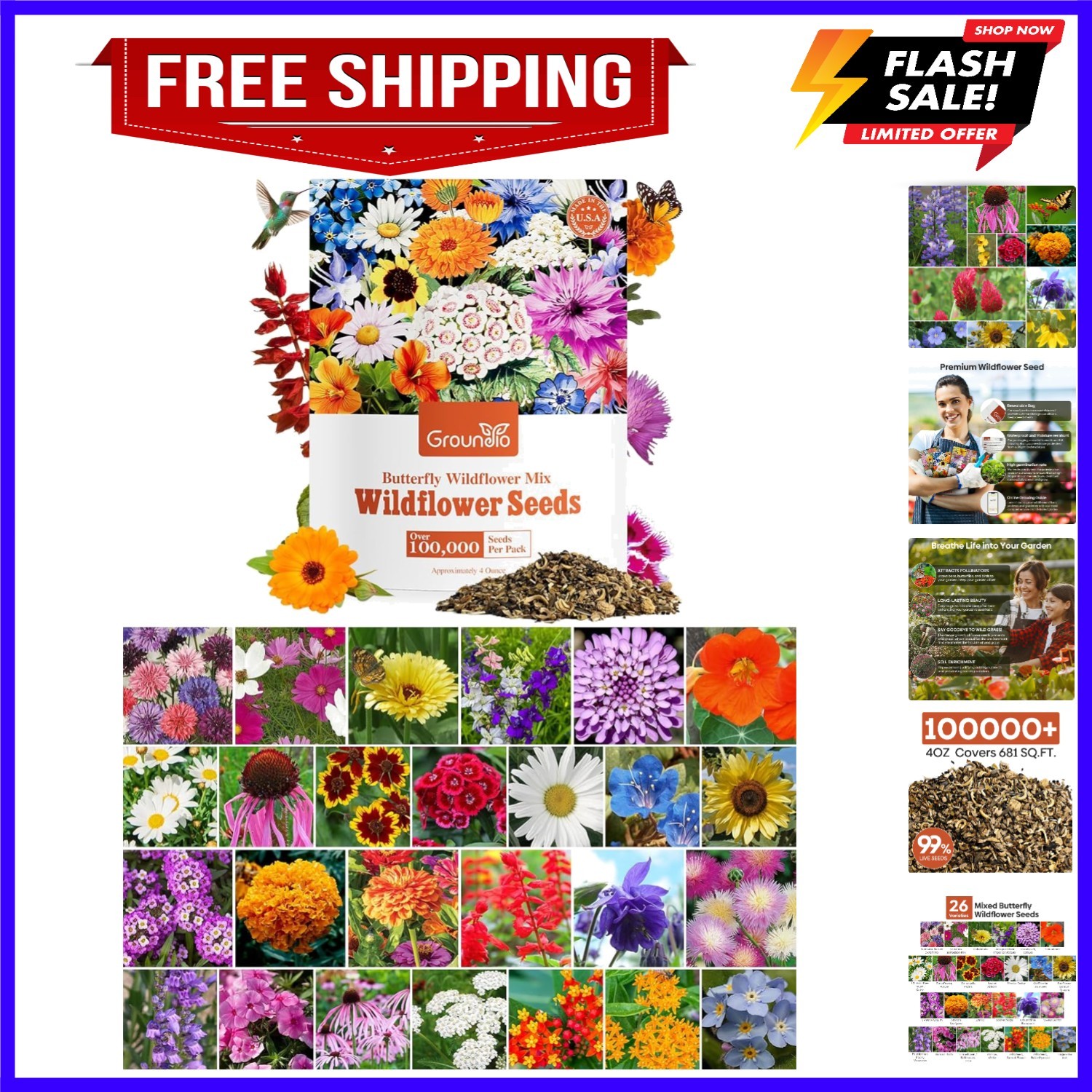 Wildflower Seeds Bulk, 1/4 lb, 100,000+ Seeds, 26 Variety Mix with Zinnia, Mi…