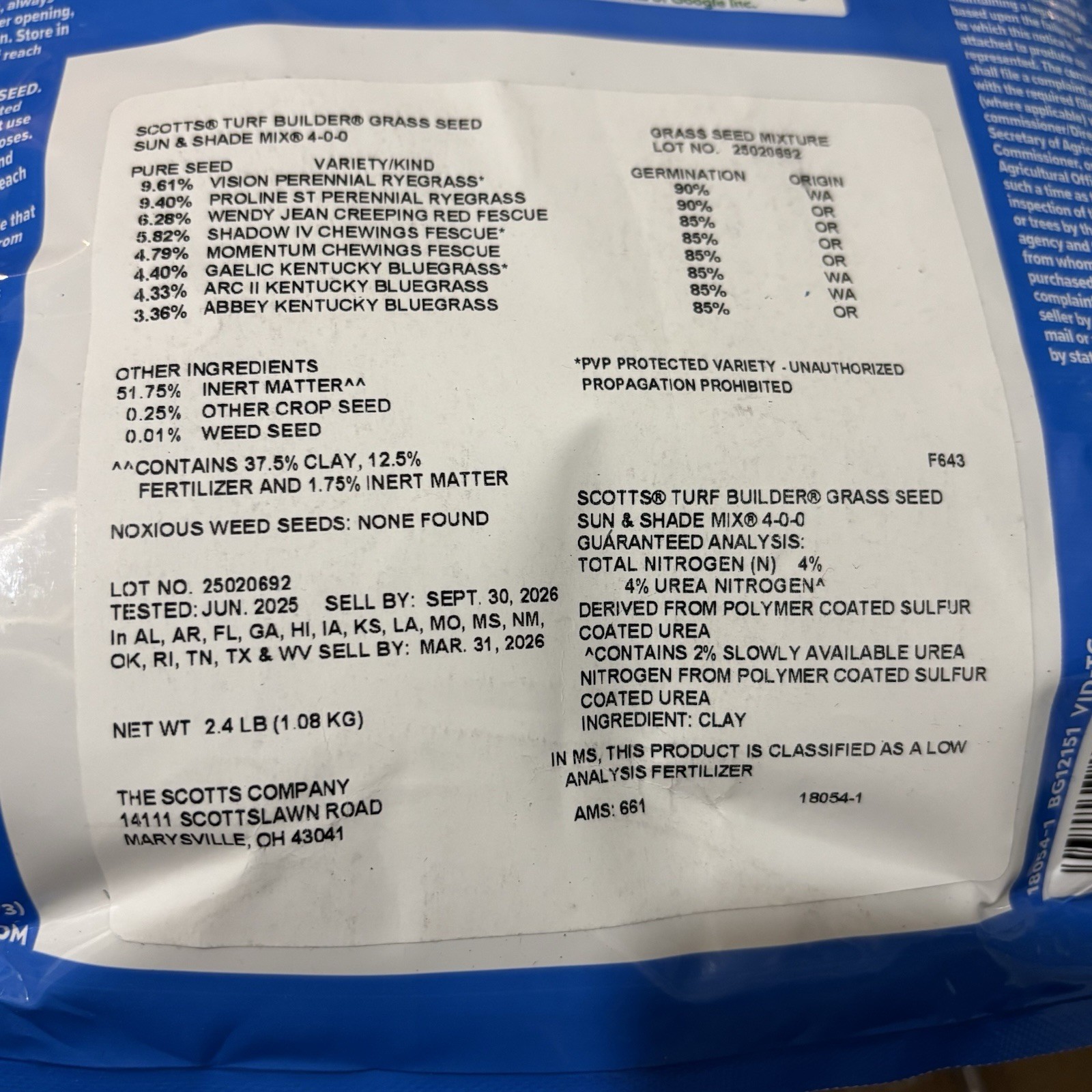 Scotts Turf Builder Grass Seed Sun & Shade Mix 2.4 lb Covers 960 Sq Ft Lot Of 4