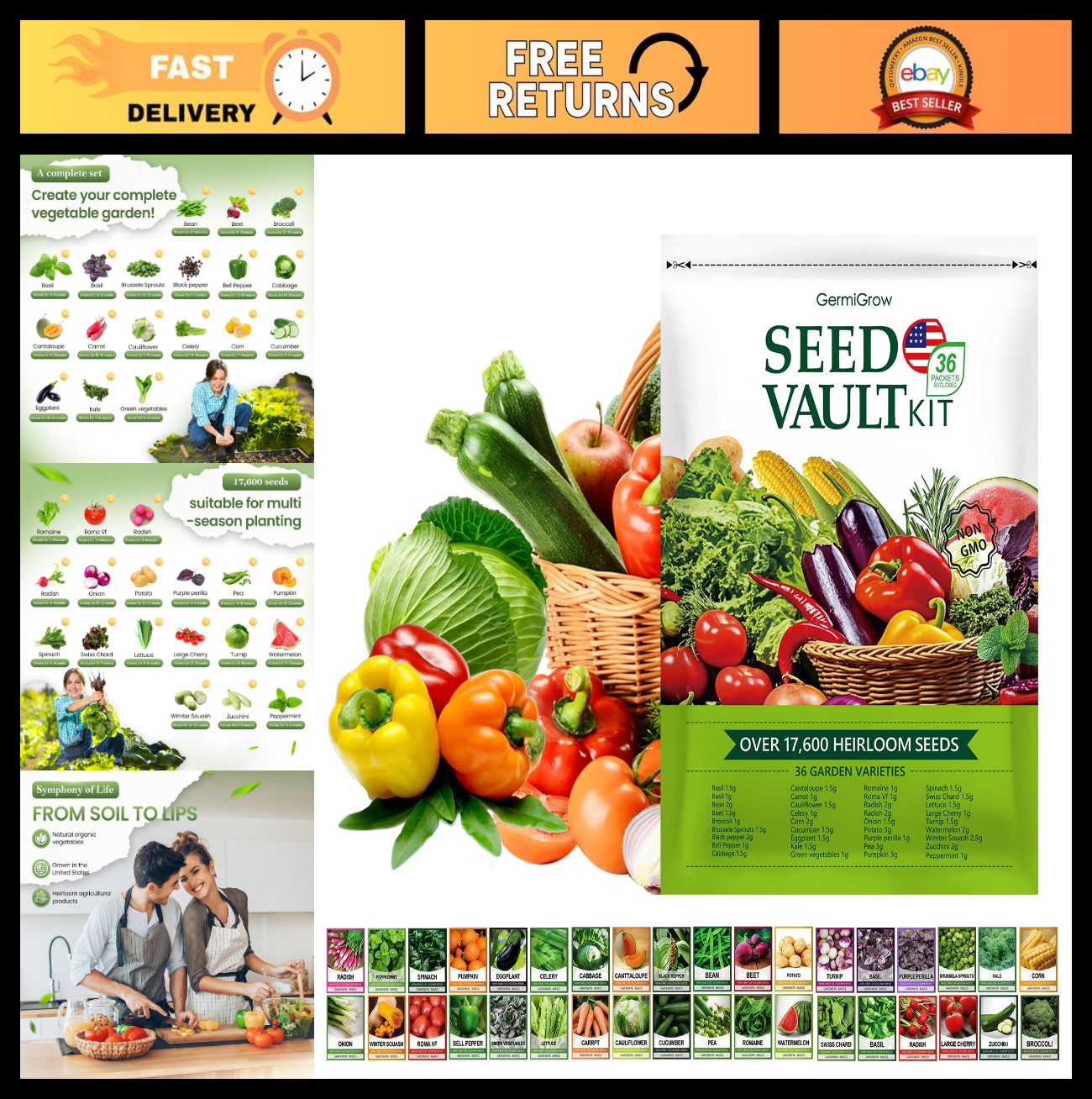 36 Vegetable Seed Variety Pack – 17,600+ Non-GMO Heirloom Seeds for Indoor/Outdo