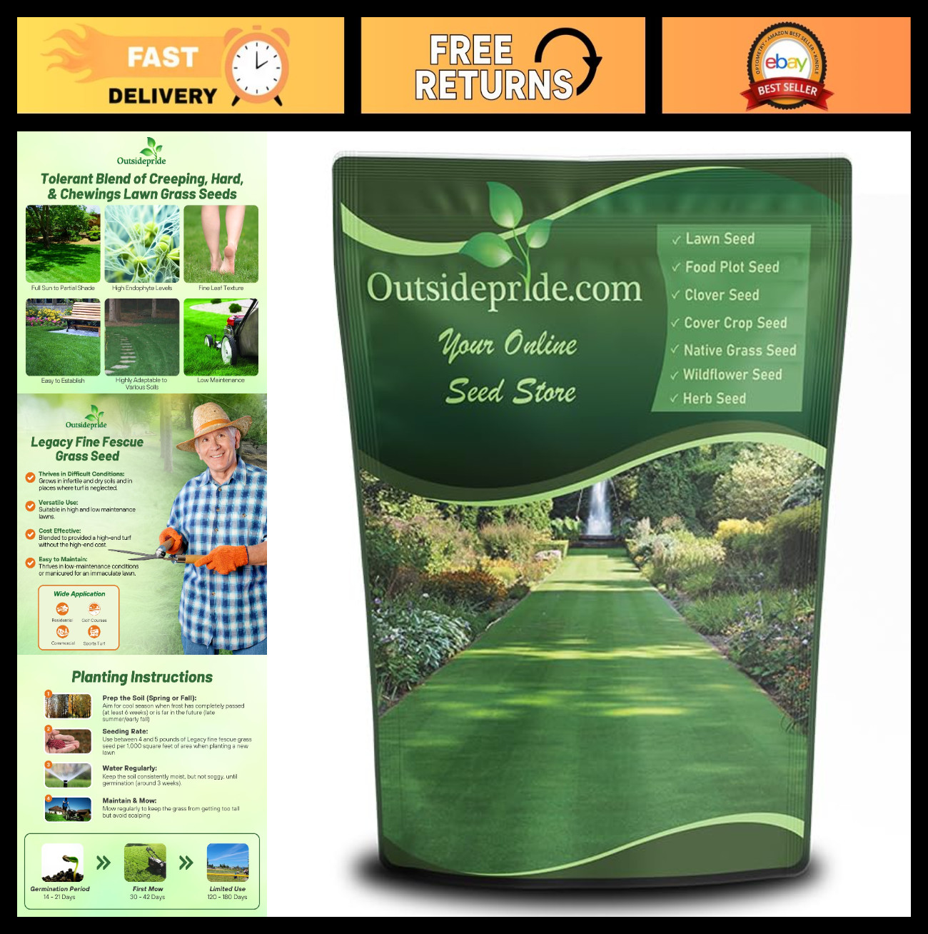 10 lbs Fine Fescue Grass Seed Mix – Shade & Sun Tolerant, Hard & Creeping Red