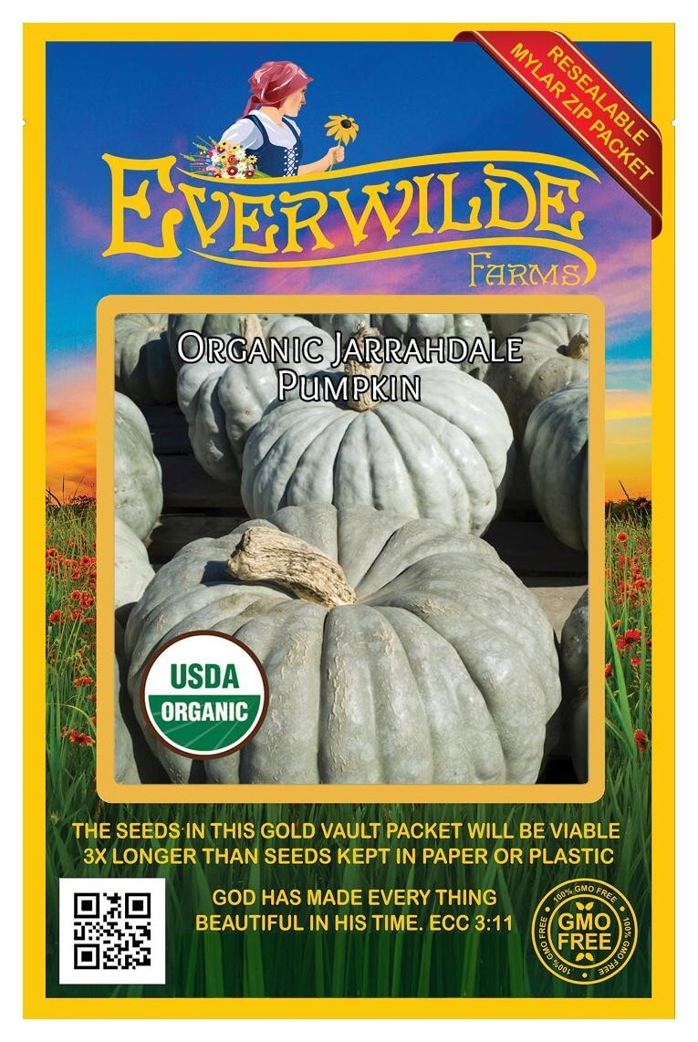 10 Organic Jarrahdale Pumpkin Seeds – Everwilde Farms Mylar Seed Packet
