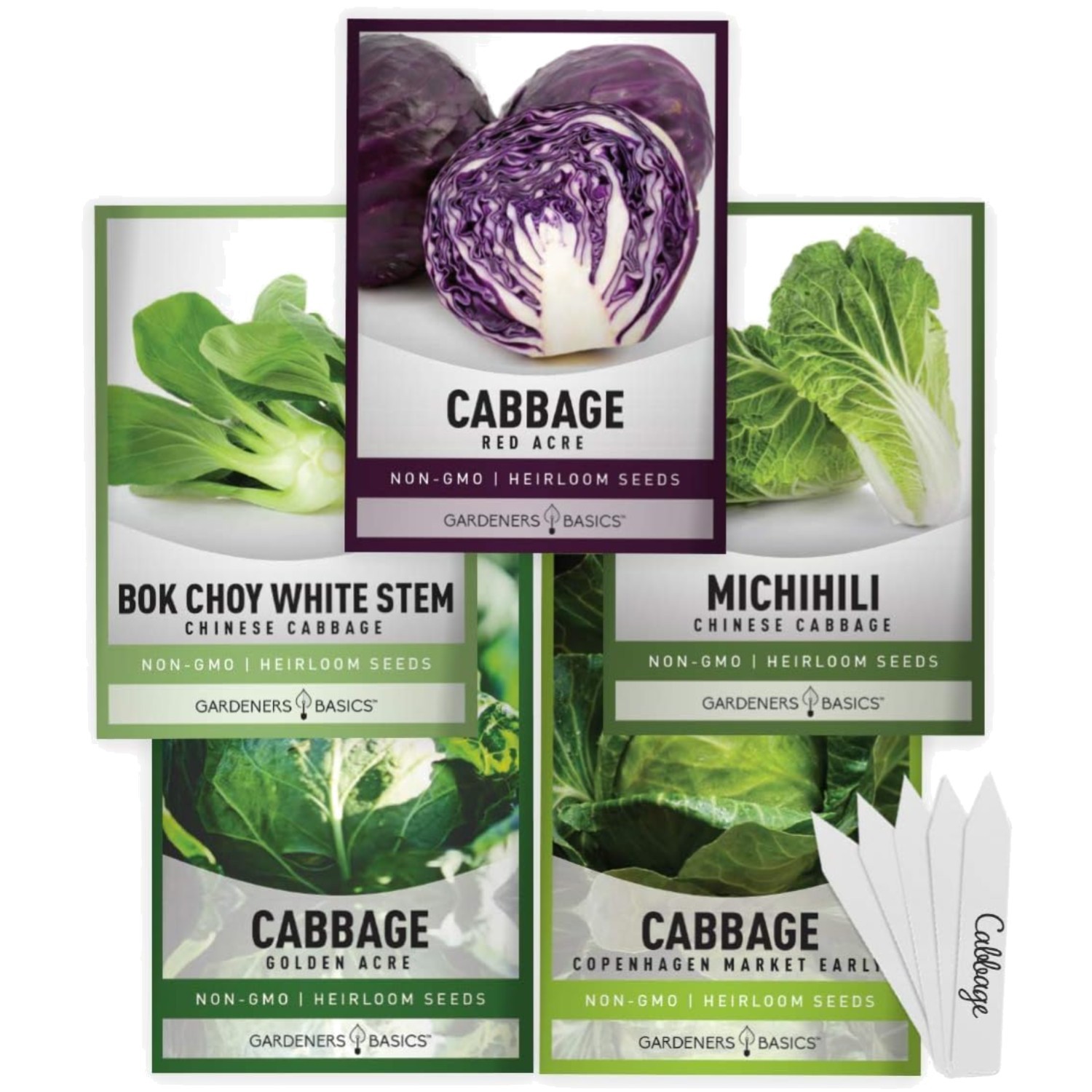 Cabbage Seeds 5 Packets Bok Choy, Michihili, Napa, Red, Golden Acre