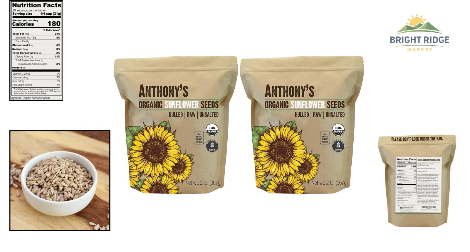 2 lb Organic Hulled Sunflower Seeds, Raw, Unsalted, Gluten Free, 4 lb Total