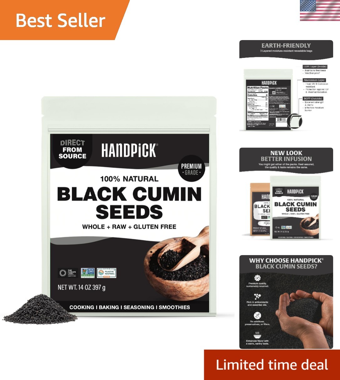 Versatile Black Cumin Seeds 14oz | Pure Kalonji, Gluten-Free & Resealable Pouch