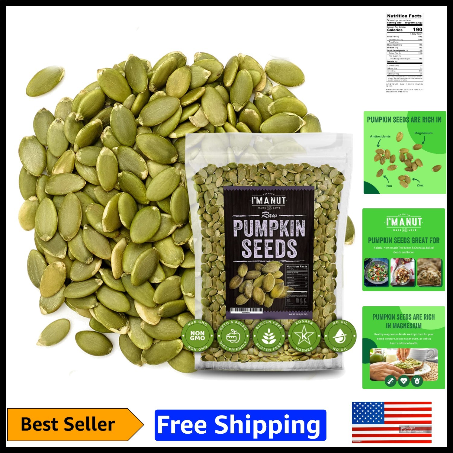 Healthy 32 oz Raw Pumpkin Seeds in Resealable Bag | Non-GMO, Kosher Certified