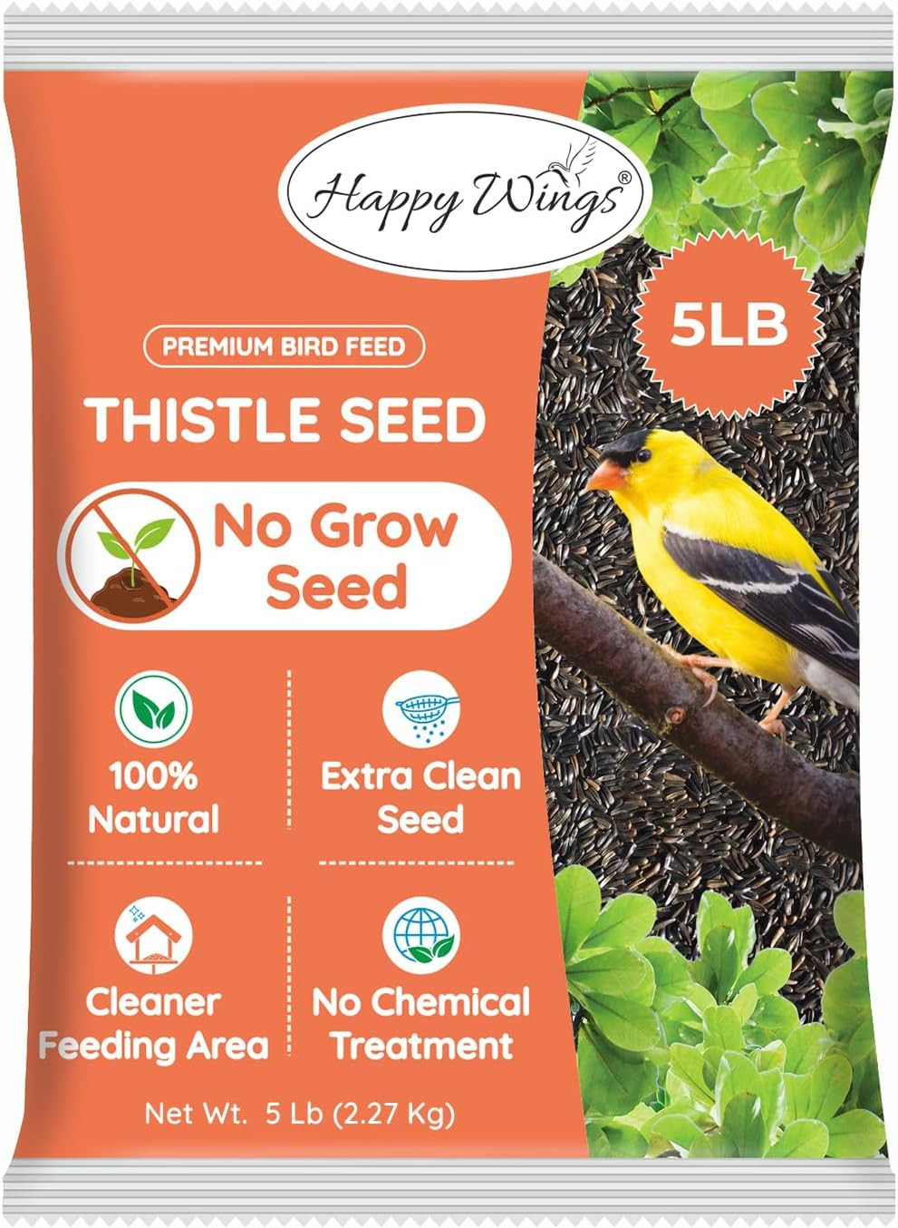 Happy Wings Nyjer/Thistle Seeds Wild Bird Food – 5 Pounds I No Grow Seed I Bird