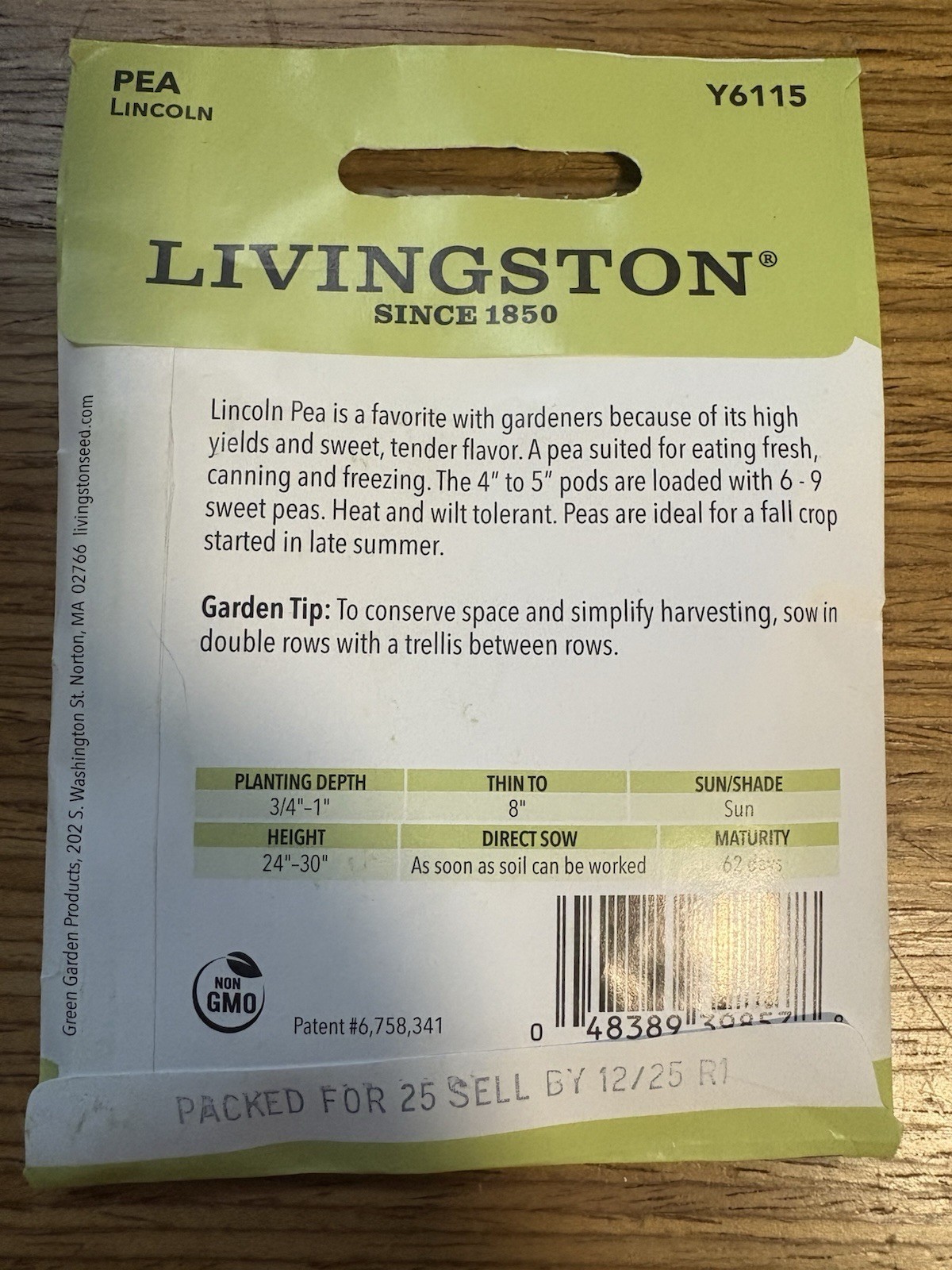 10 PACKS OF 10G Livingston Seed Company Lincoln Pea Non-GMO Vegetable Seeds
