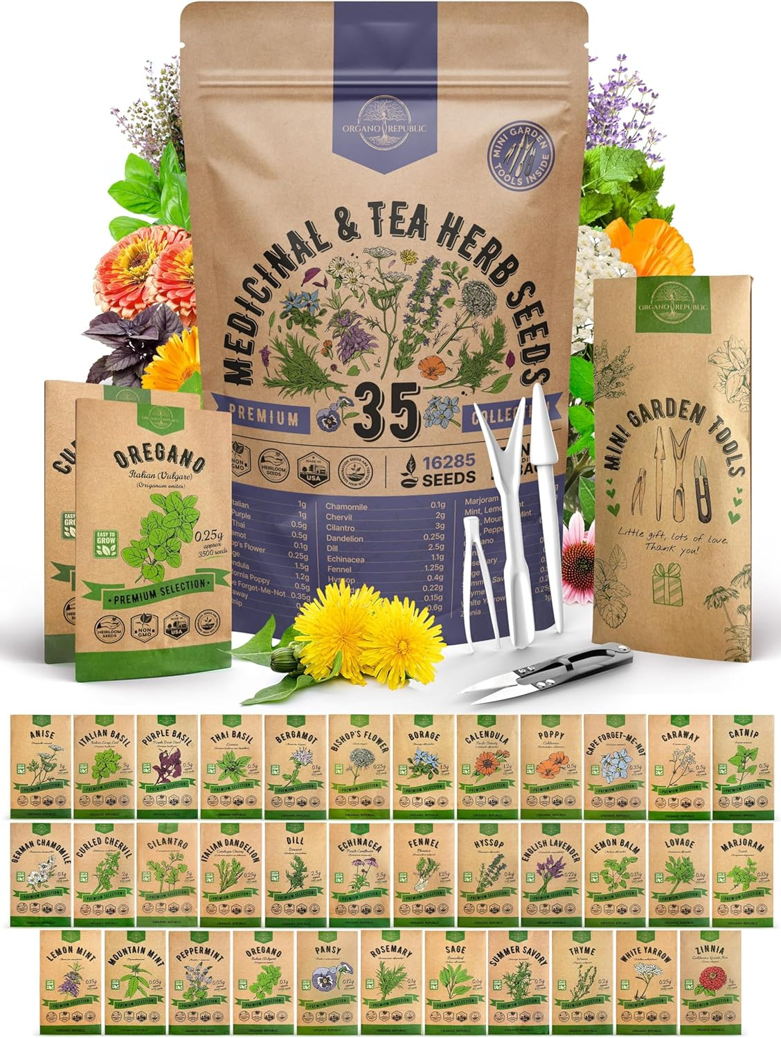 35 Medicinal & Tea Herb Seeds – 16,335+ Non-GMO Heirloom Seeds for Indoor & Outd