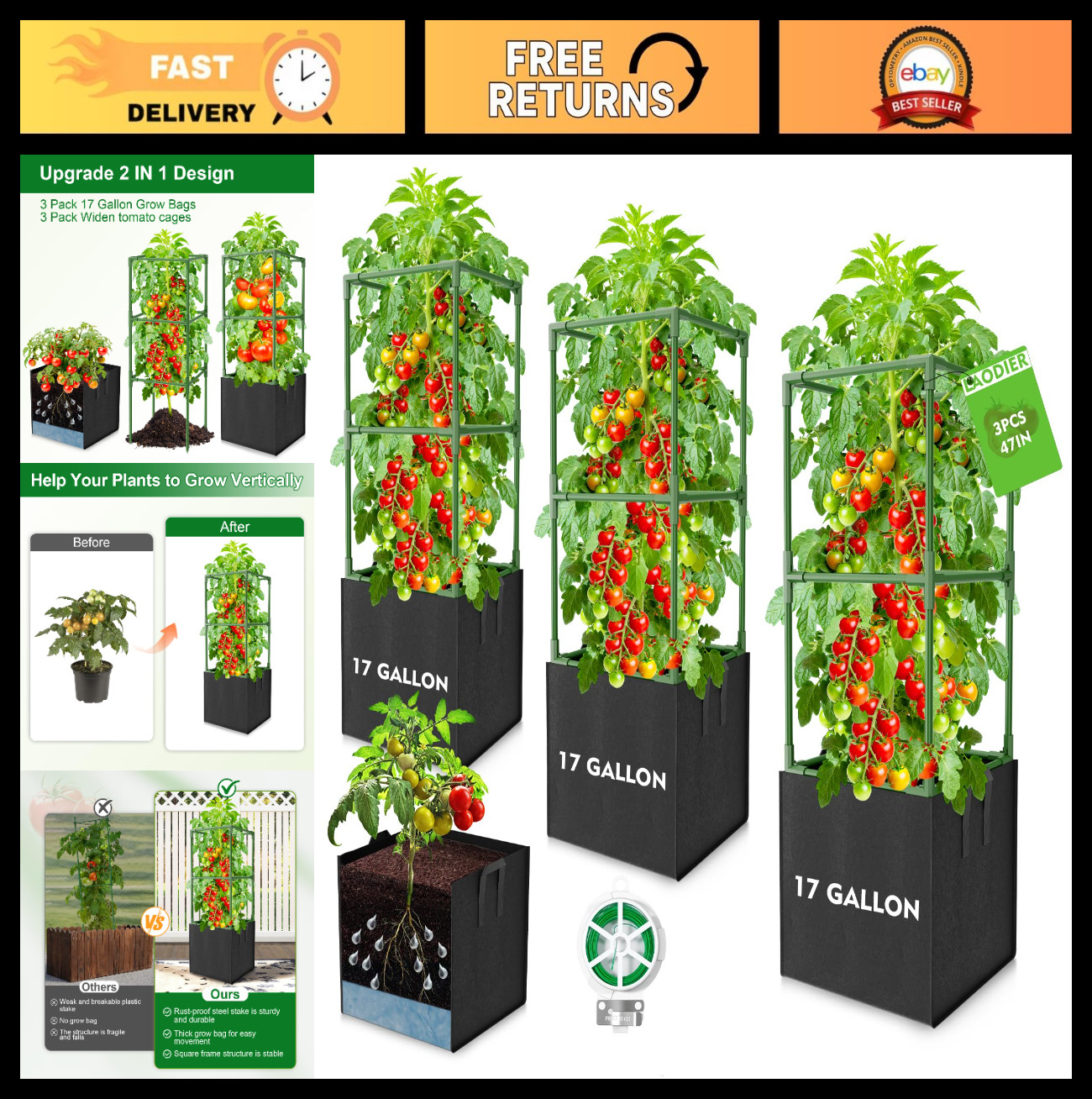 3 Pack Heavy Duty Tomato Cages & 17 Gallon Grow Bags – 47″ Tall Plant Support fo