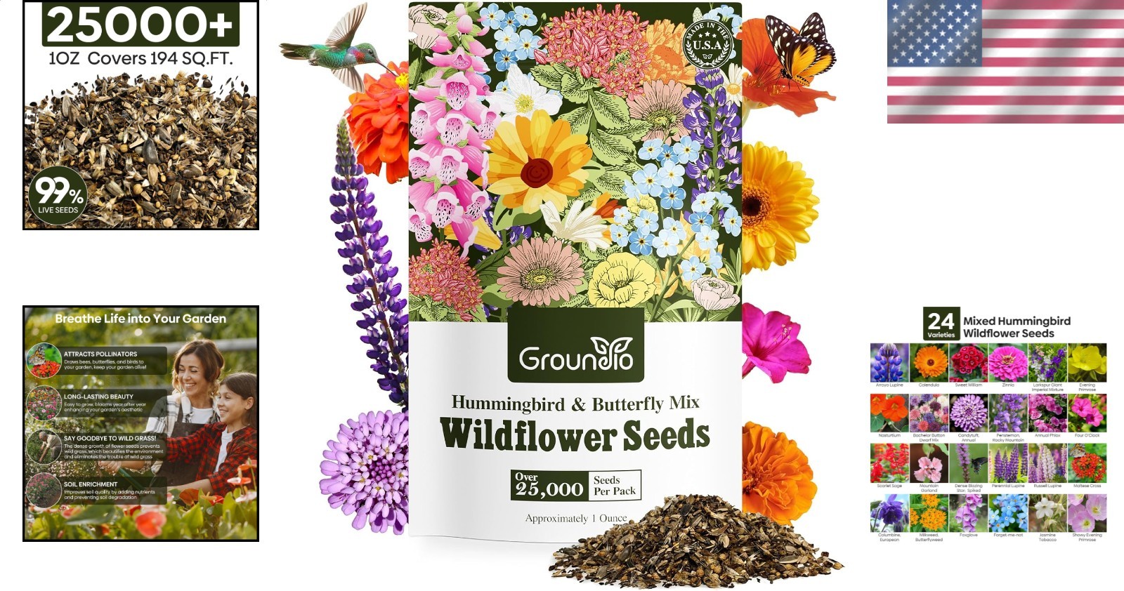 Pure Wildflower Seeds Mix 24 Variety Annual Perennial Attract Pollinators & Bees