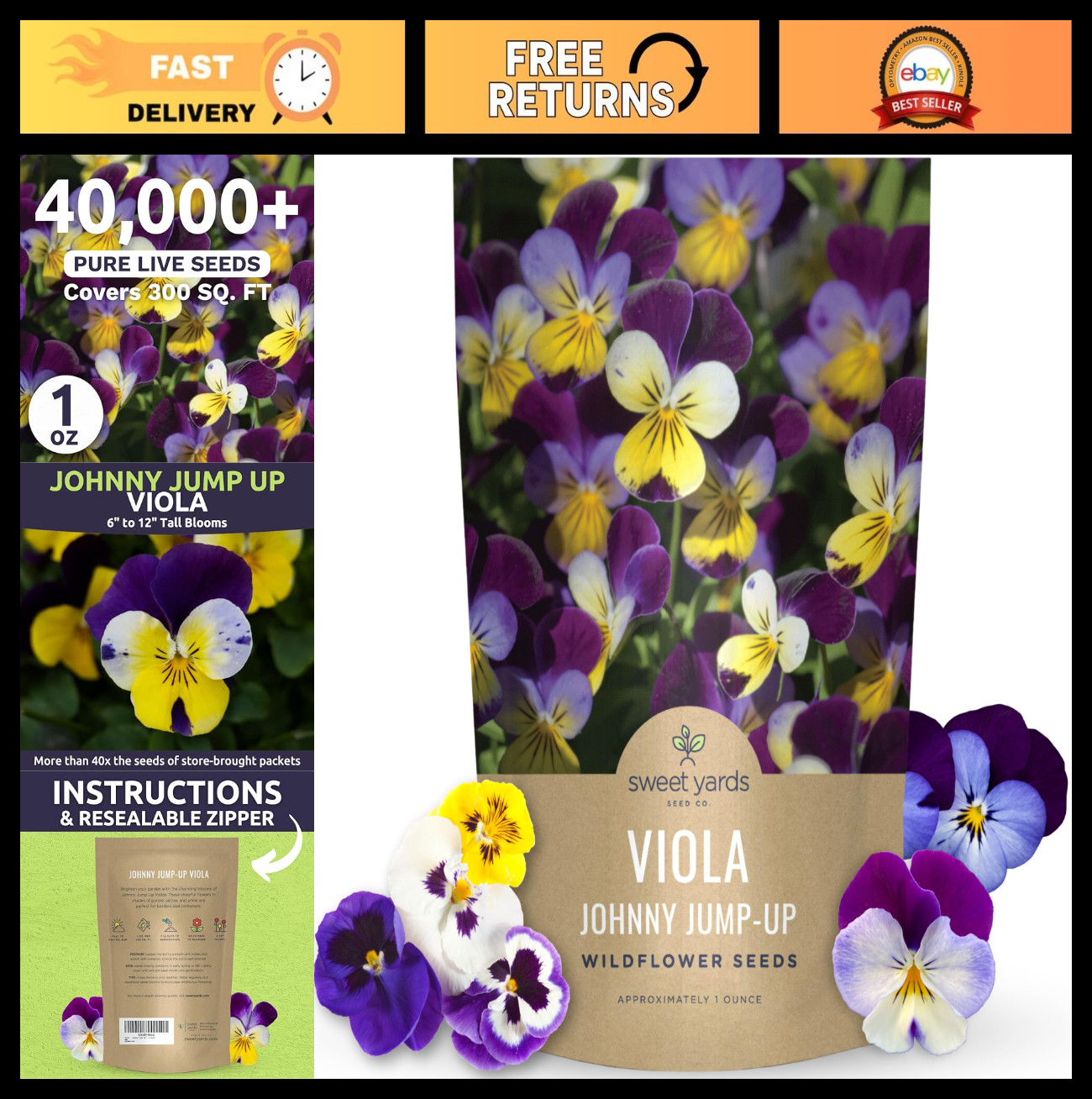 40,000 Flower Seeds – Viola Tricolor Johnny Jump-Up – Bulk 1 Ounce Pouch
