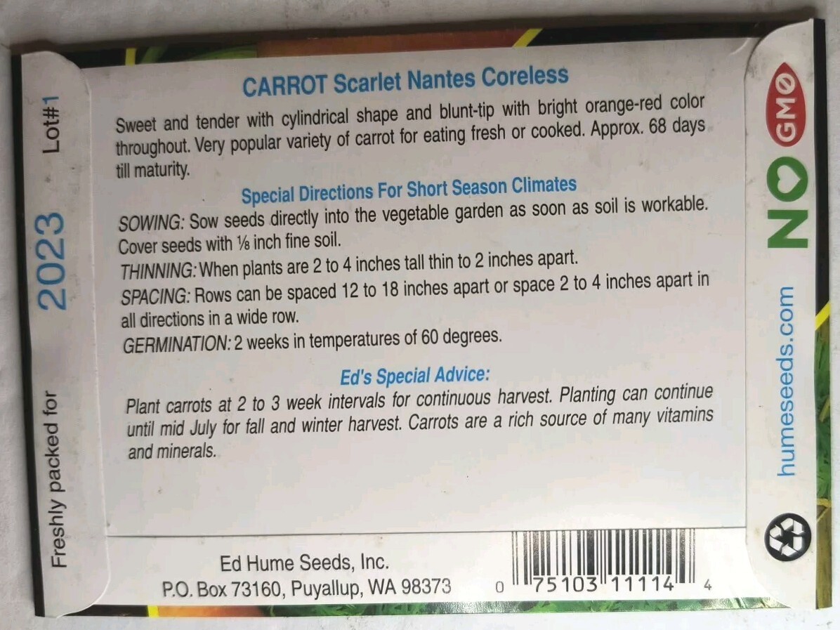 Lot Of 7 Ed Hume Non GMO Carrot Seeds