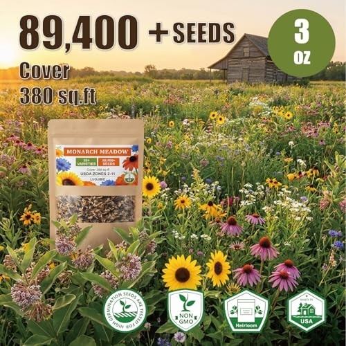 Wildflower Seed Mix 3oz – 89,400+ Non-GMO Seeds for Monarchs – 25+ Varieties Ann