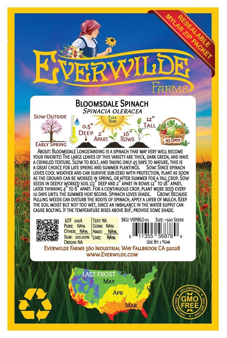 1 Oz Bloomsdale Spinach Seeds – Everwilde Farms Mylar Seed Packet