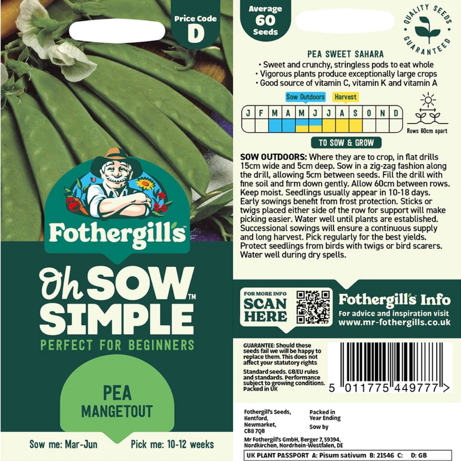 Mr. Fothergill’s Pea Mangetout Seed Oh Sow Simple, Easy to Grow