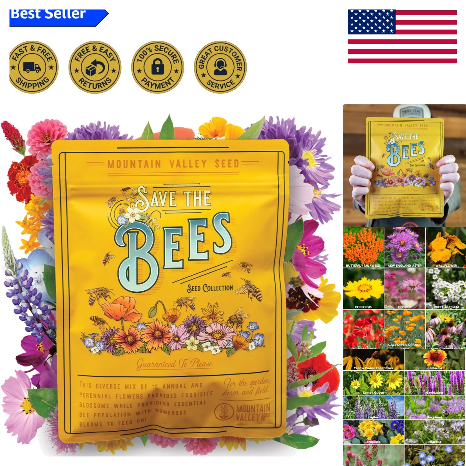Save the Bees: 80,000+ Pollinator-Friendly Wildflower Seeds Bulk – 19 Varieties