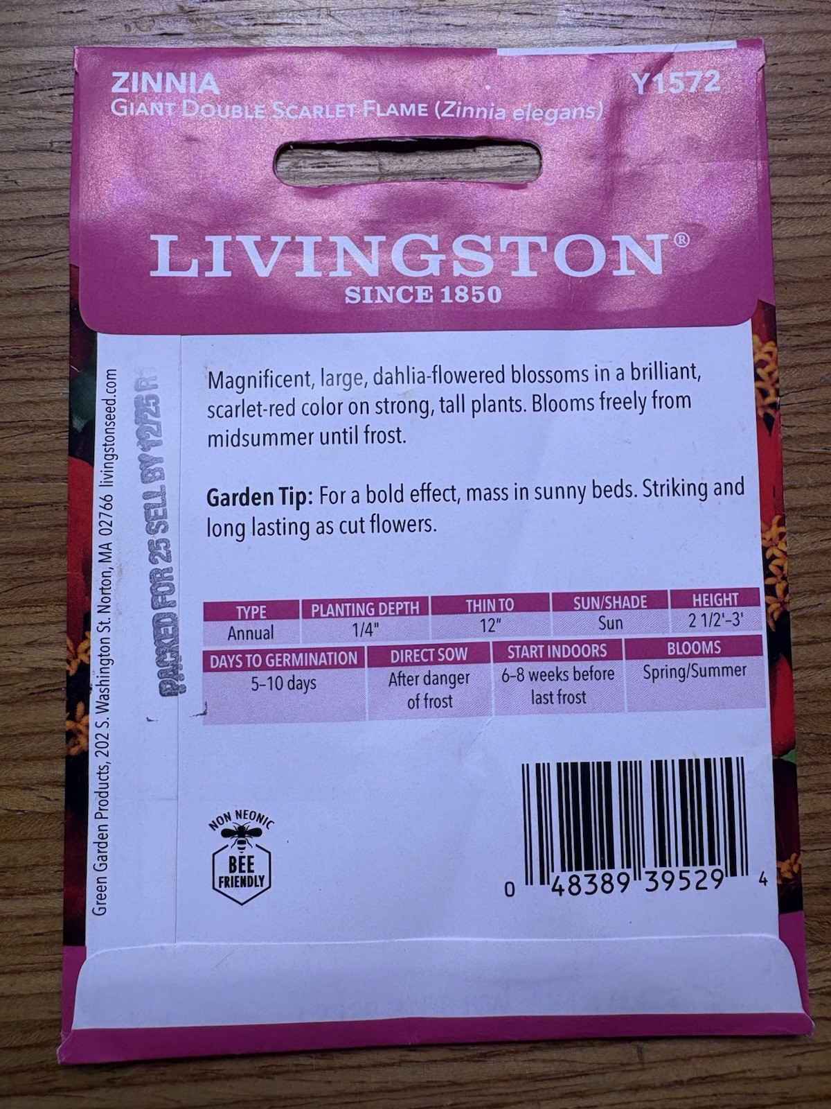 2 PACK Livingston Seed Company Zinnia Giant Double Scarlet Flame Annual Seeds