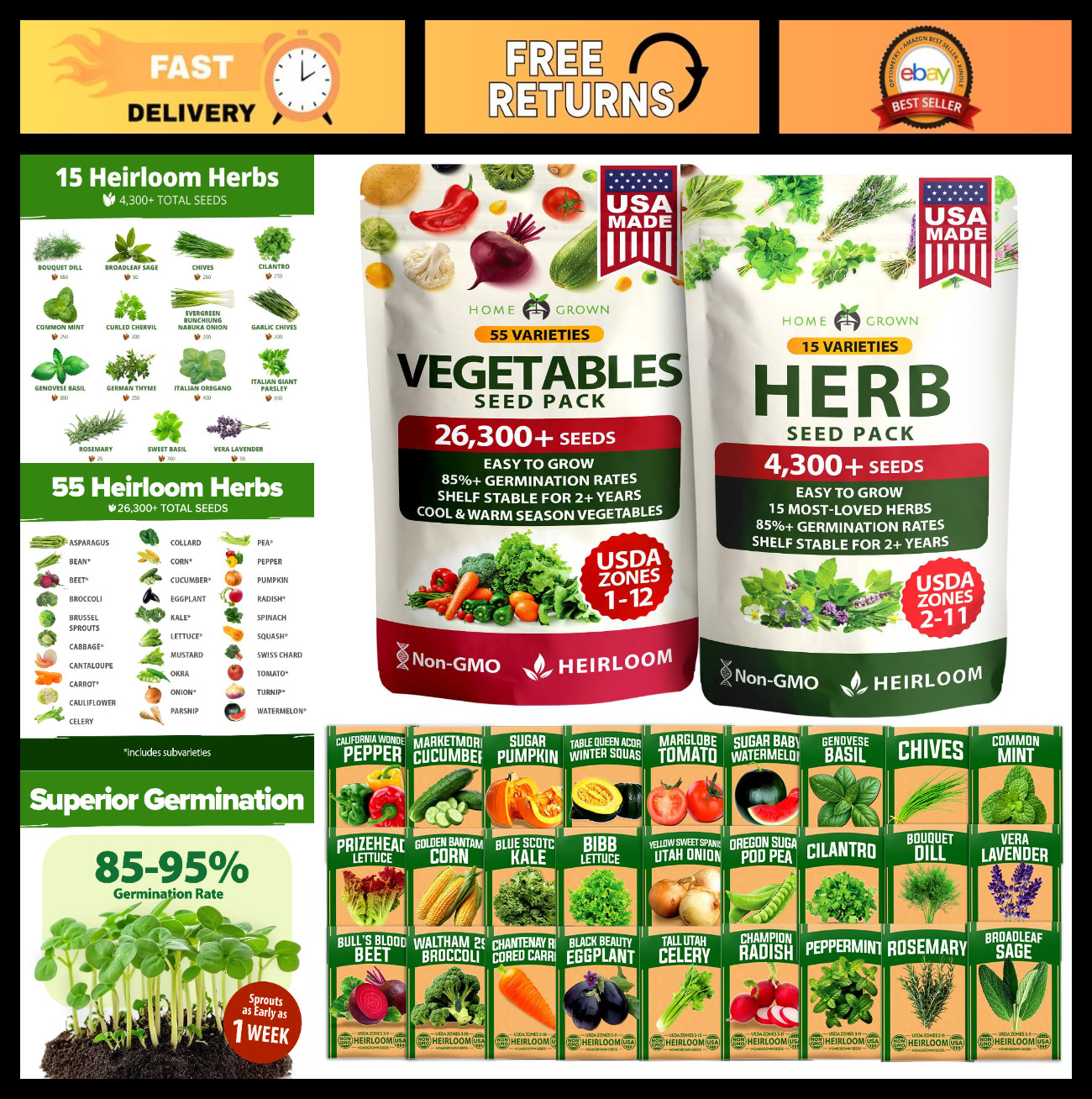 70 Variety Non-GMO Heirloom Vegetable & Herb Seeds Kit – Survival Garden Starter