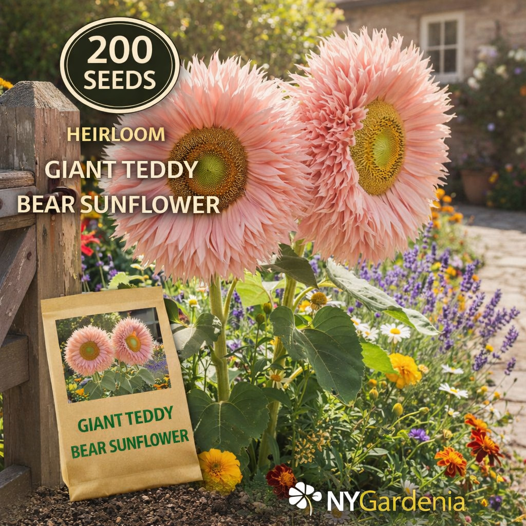 200 Giant Teddy Bear Sunflower Seeds Pink Heirloom Garden Flower Easy Grow