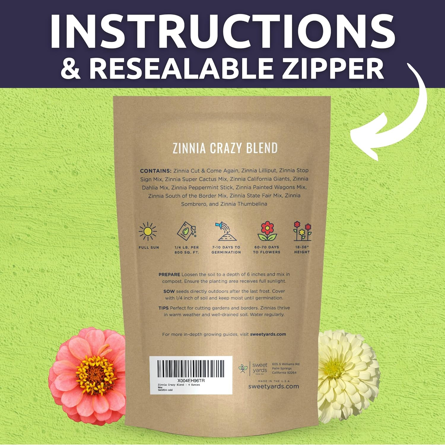 Zinnia Crazy Blend – Bulk 1/4 Pound Pouch – 15,000 Flower Seeds for Planting – Z